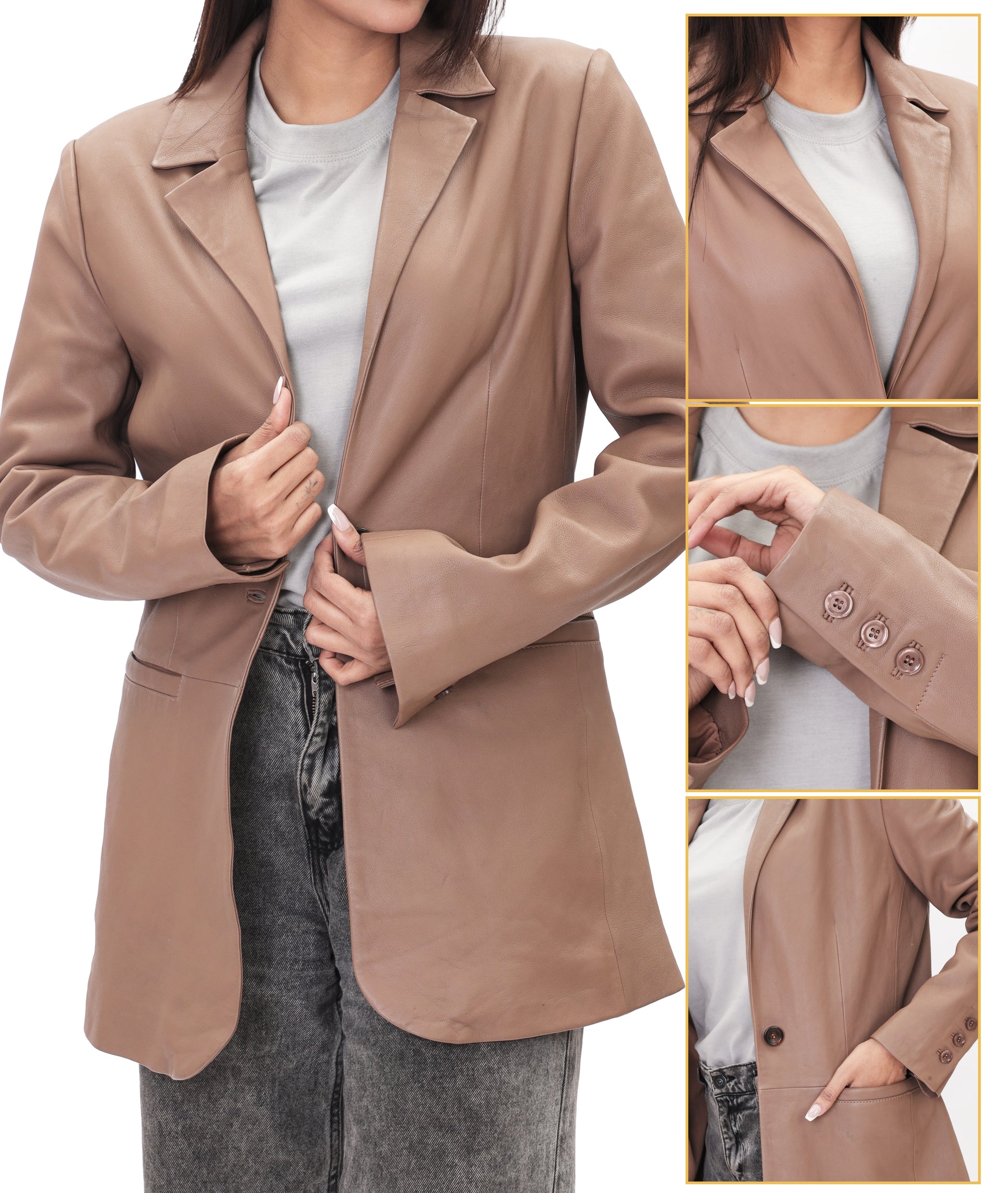 Classic 2-Button Lambskin Leather Blazer (Tan)