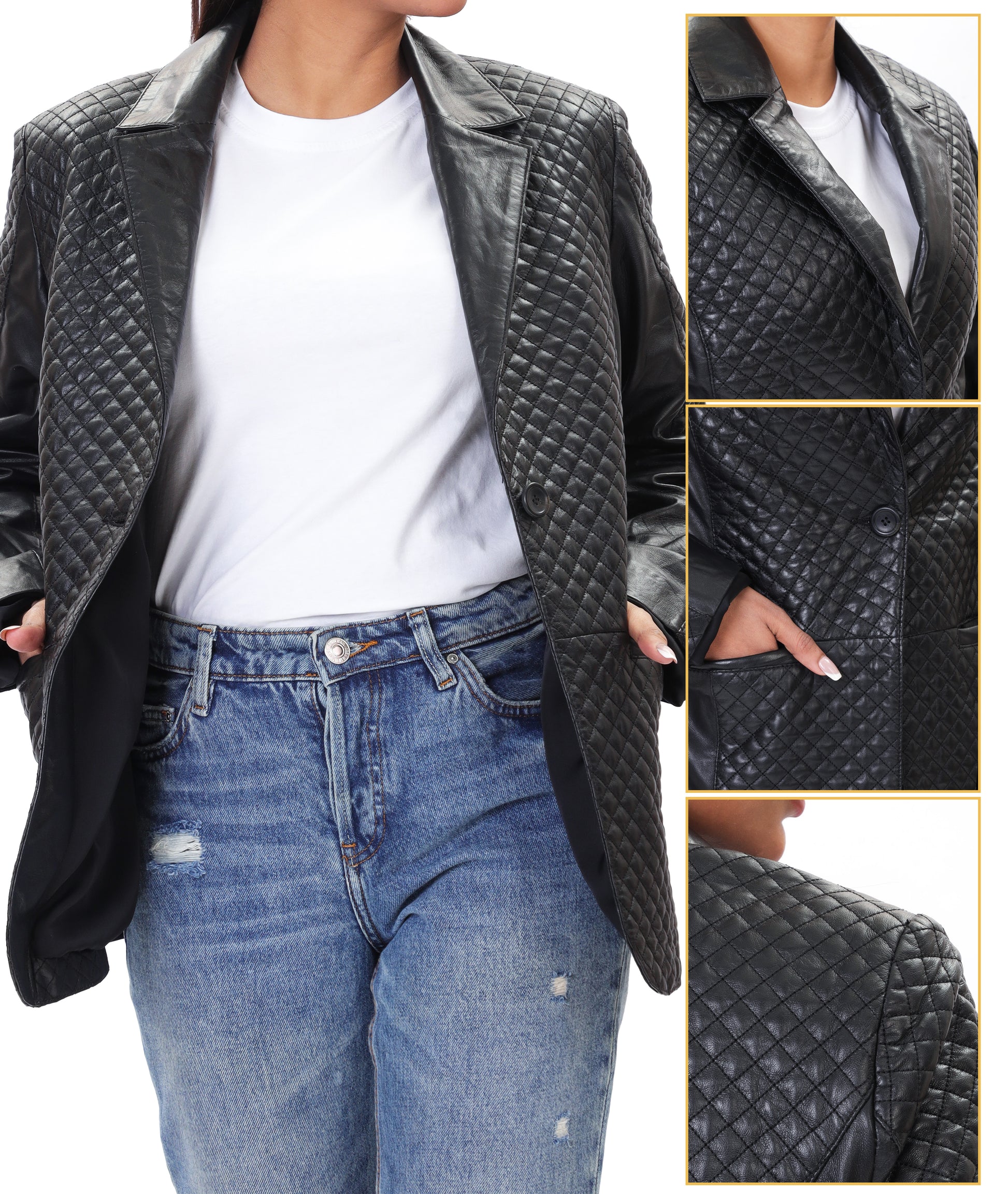 Quilted Front Lambskin Leather Blazer (Black)