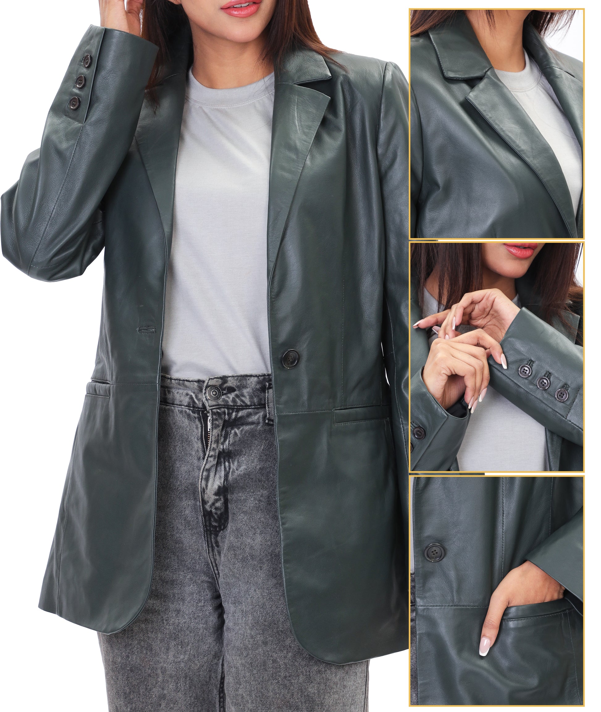 Classic 2-Button Lambskin Leather Blazer (Green)