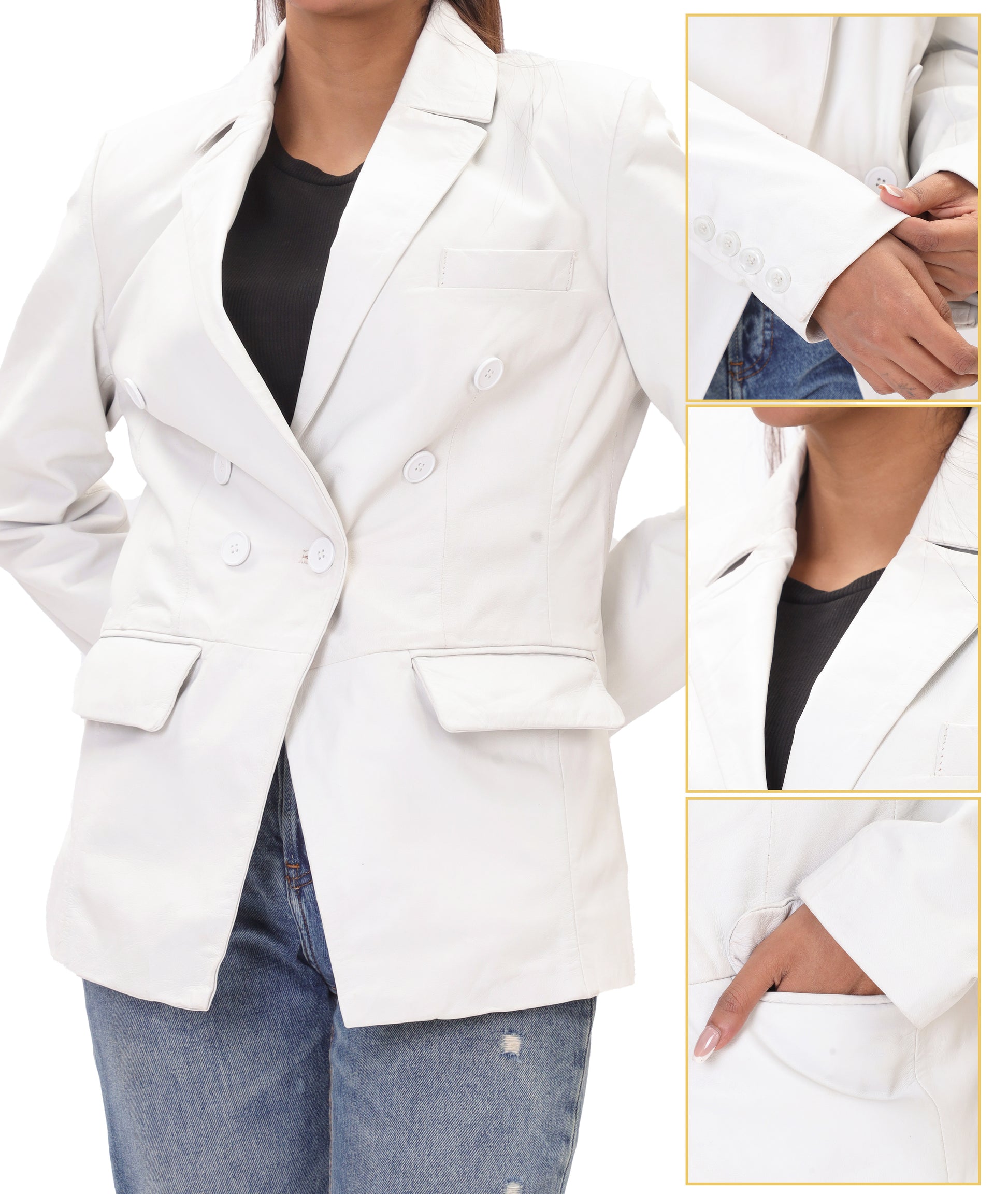 Double Breasted Fancy Buttons Lambskin Leather Blazer (White)