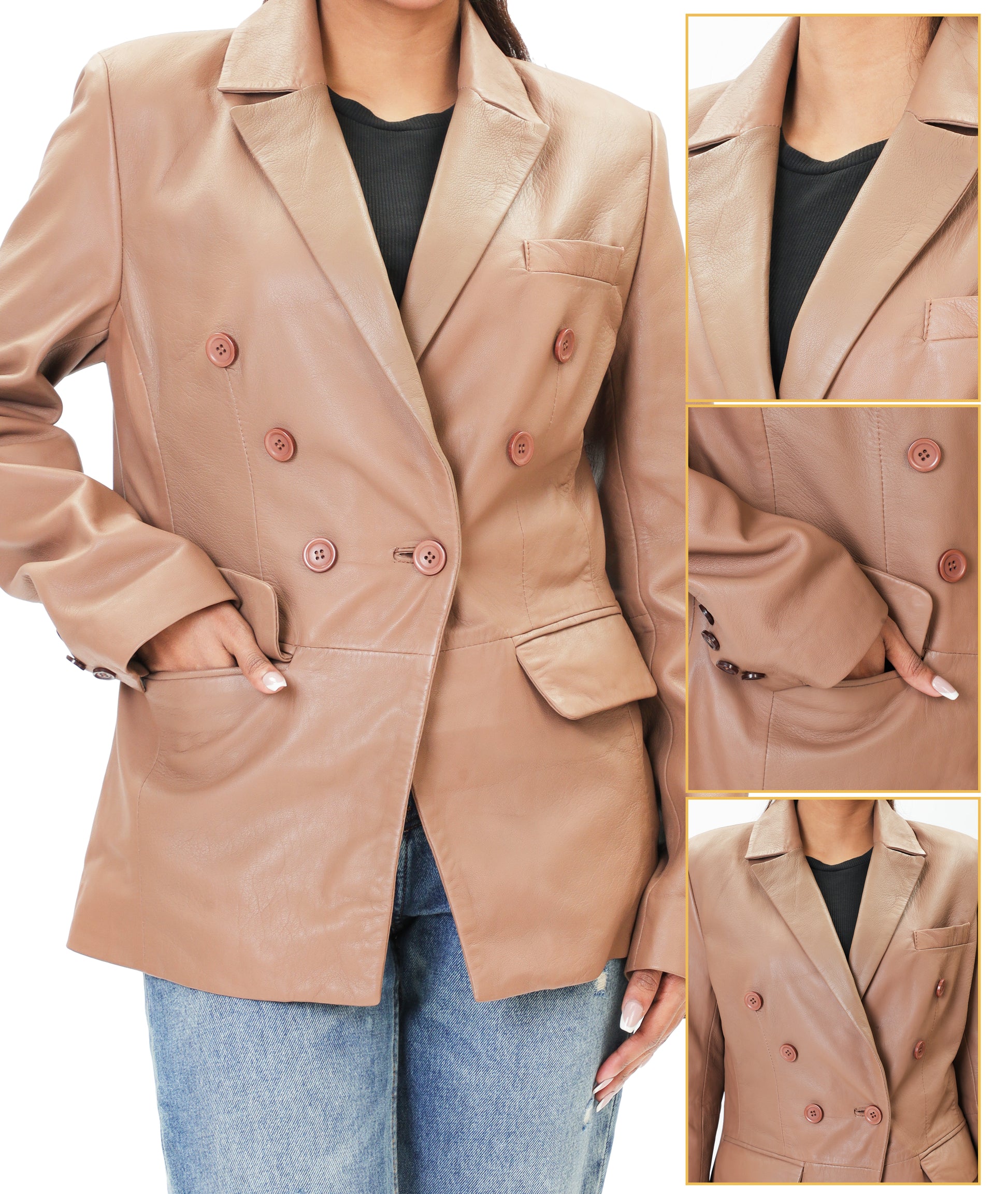 Double Breasted Fancy Buttons Lambskin Leather Blazer (Tan)