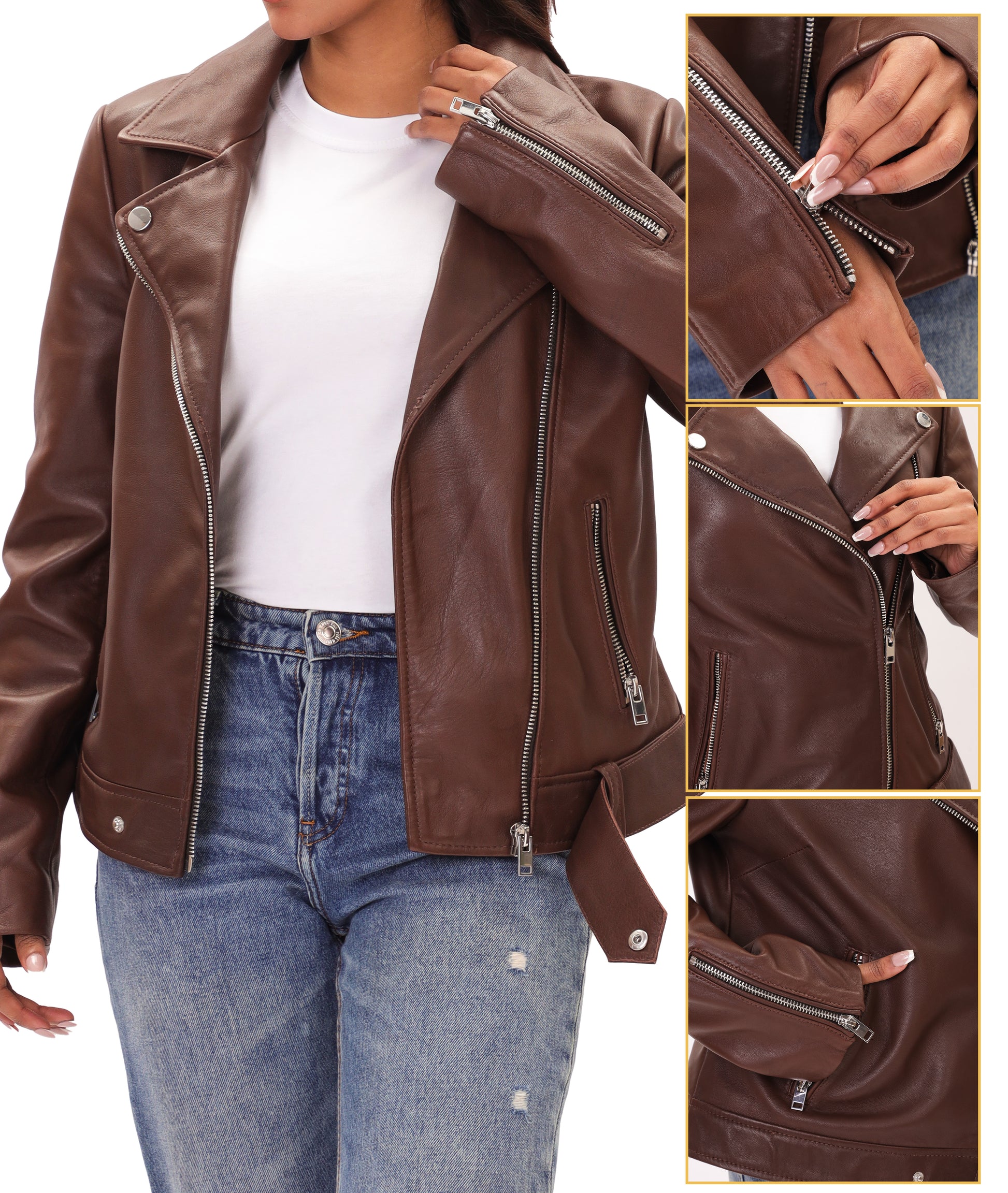 Biker Style Vintage Leather Jacket Women | Zipper (Brown)