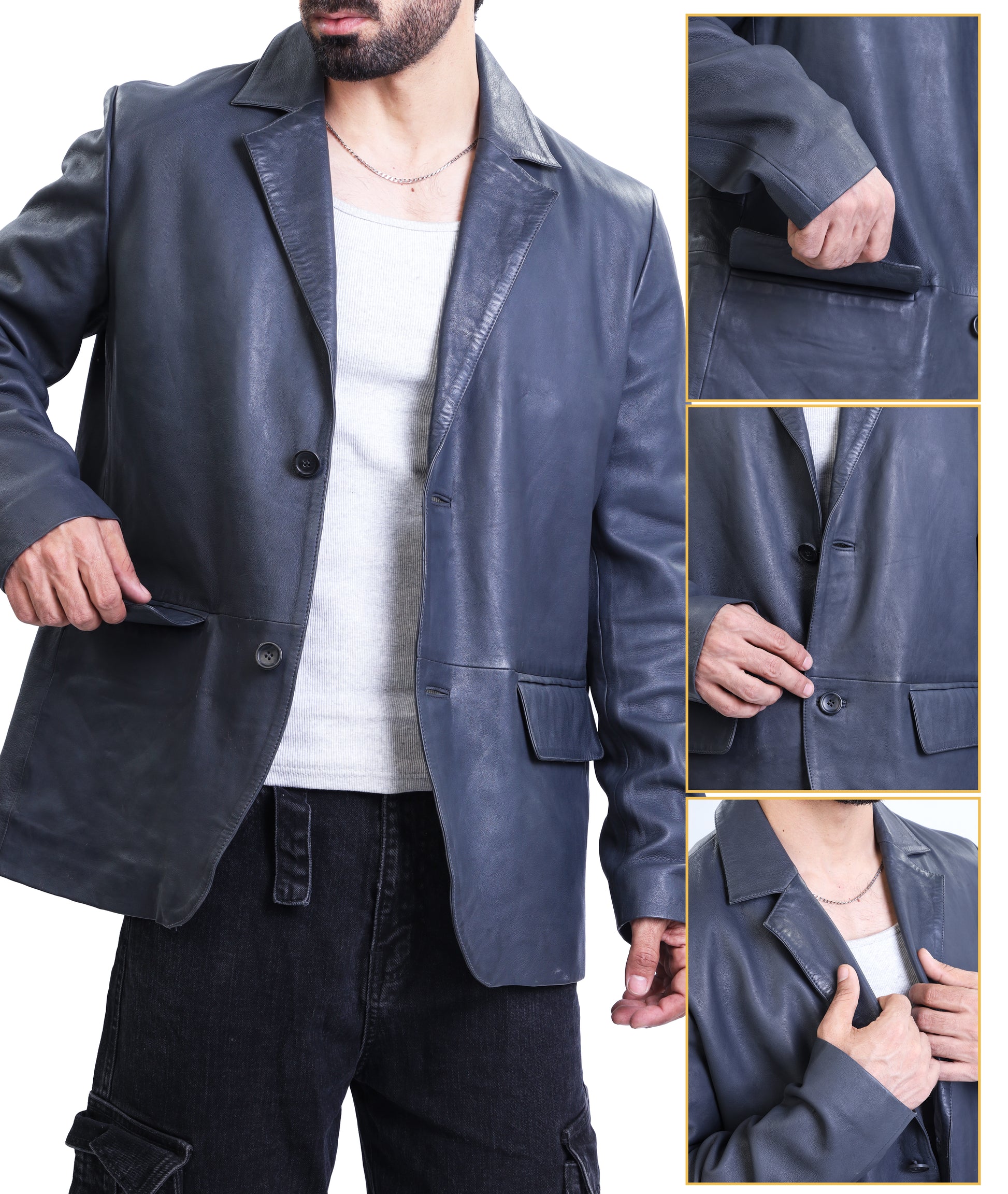 Notched Collar Classic Bond’s Style Ultimate Leather Blazer (Blue)