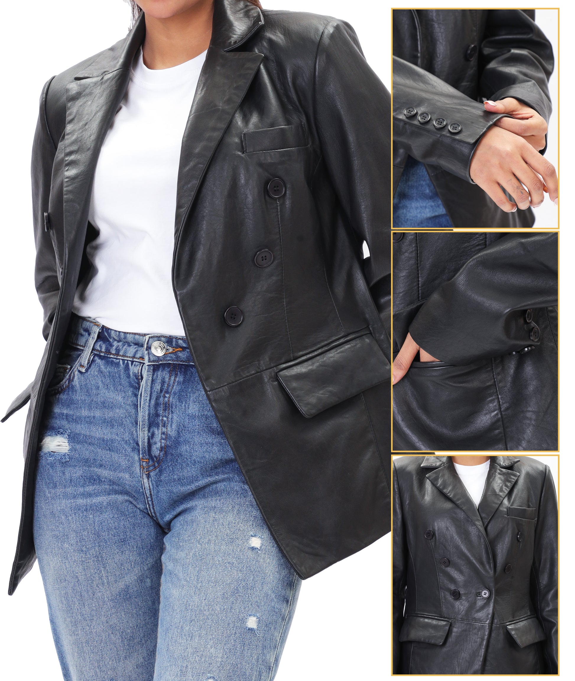 Double Breasted Fancy Buttons Lambskin Leather Blazer (Black)