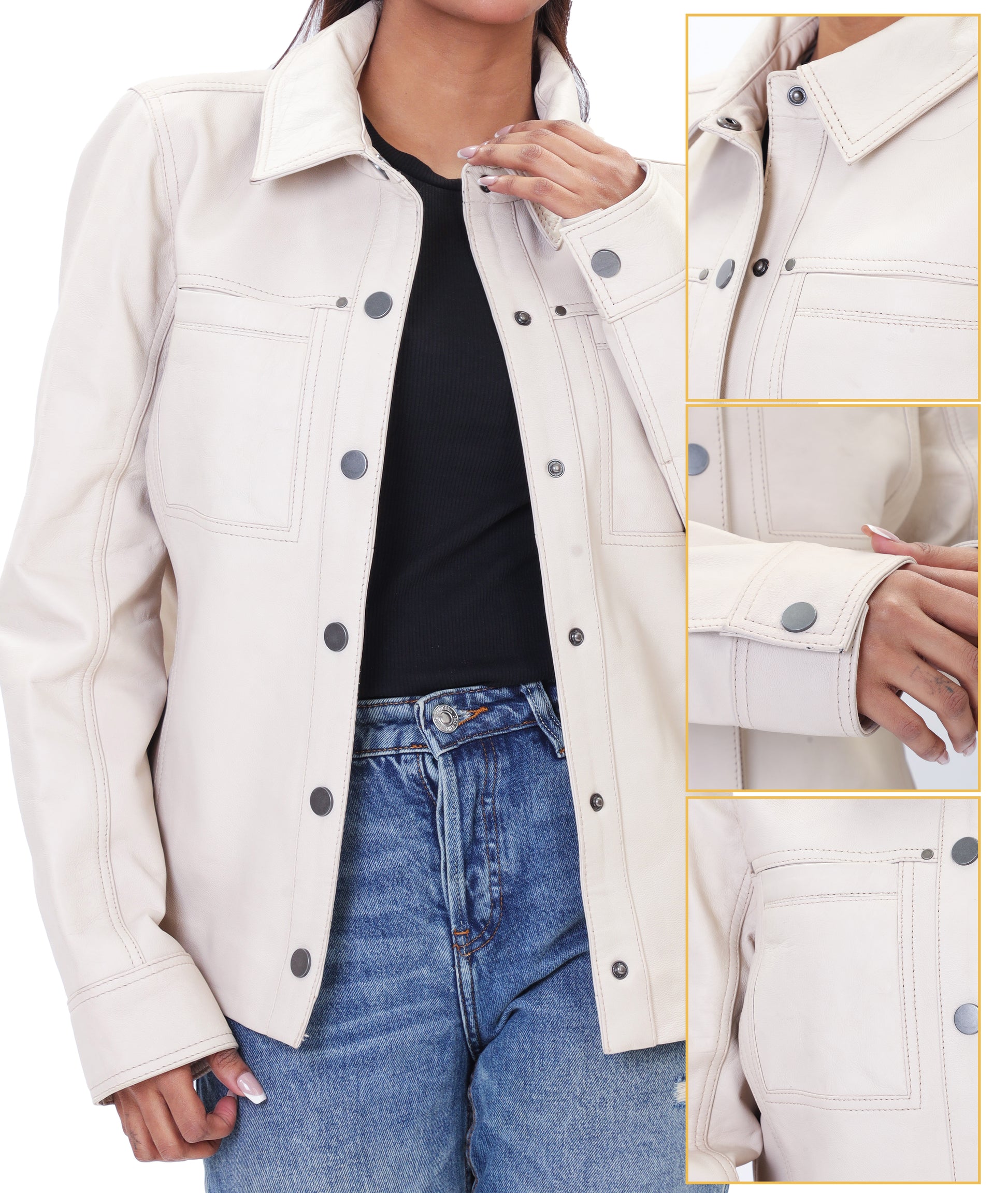 Button Front Lambskin Leather Blazer (Ash White)