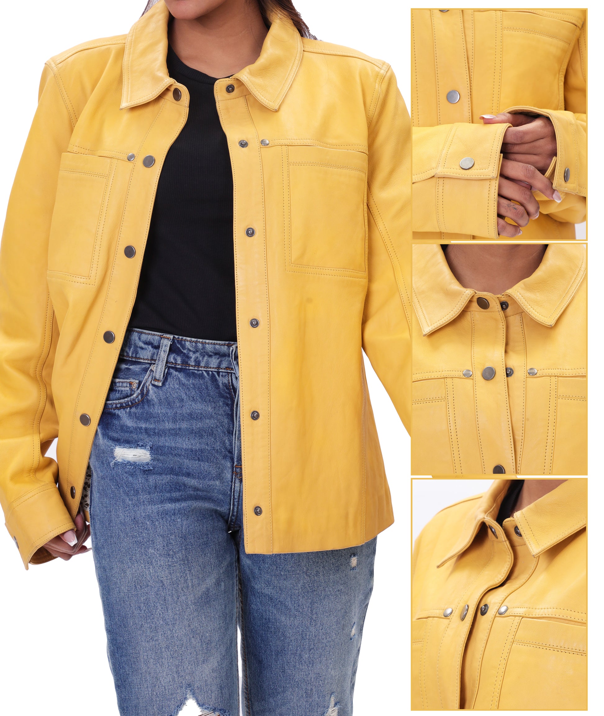 Button Front Lambskin Leather Blazer (Yellow)