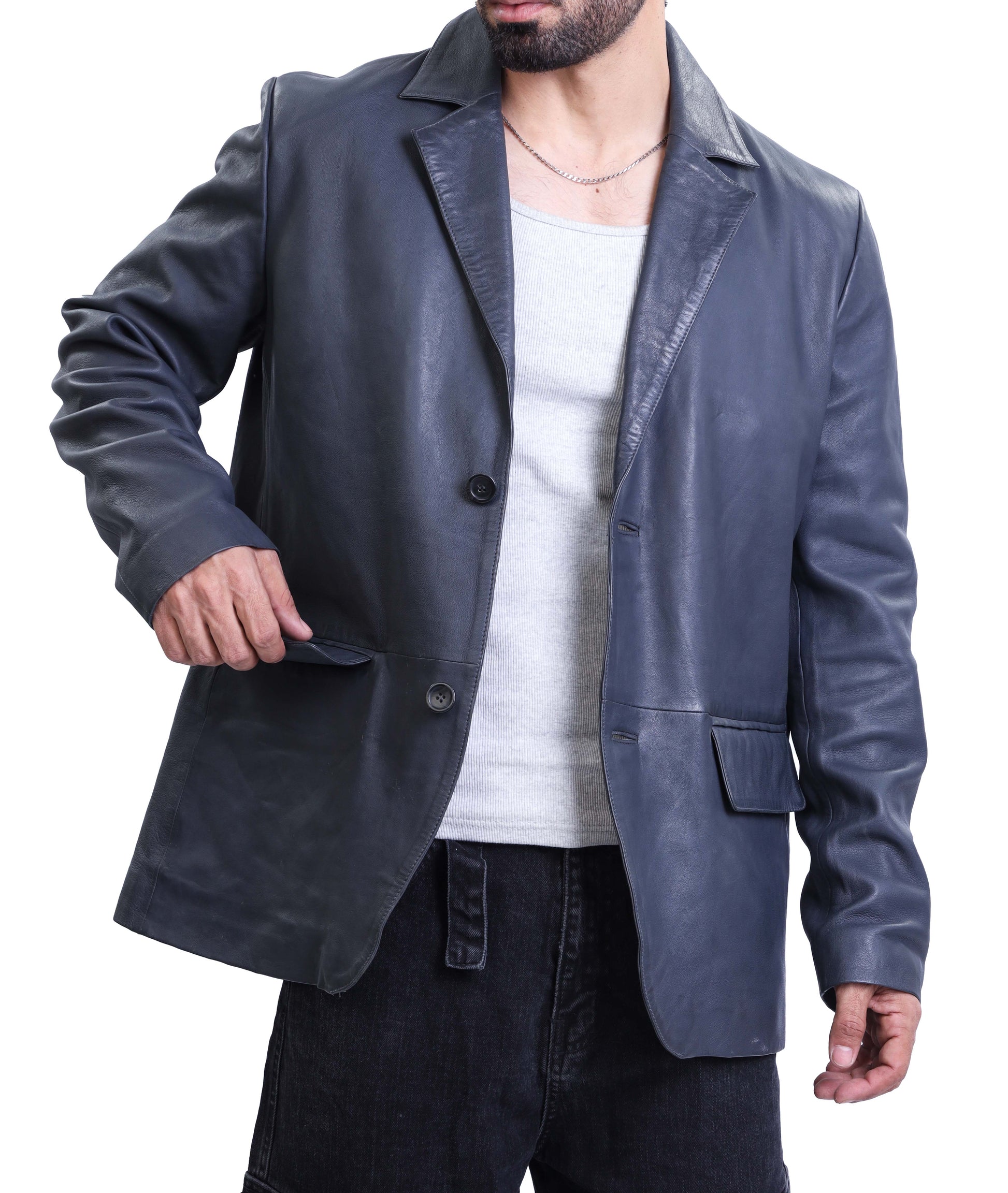 Notched Collar Classic Bond’s Style Ultimate Leather Blazer (Blue)