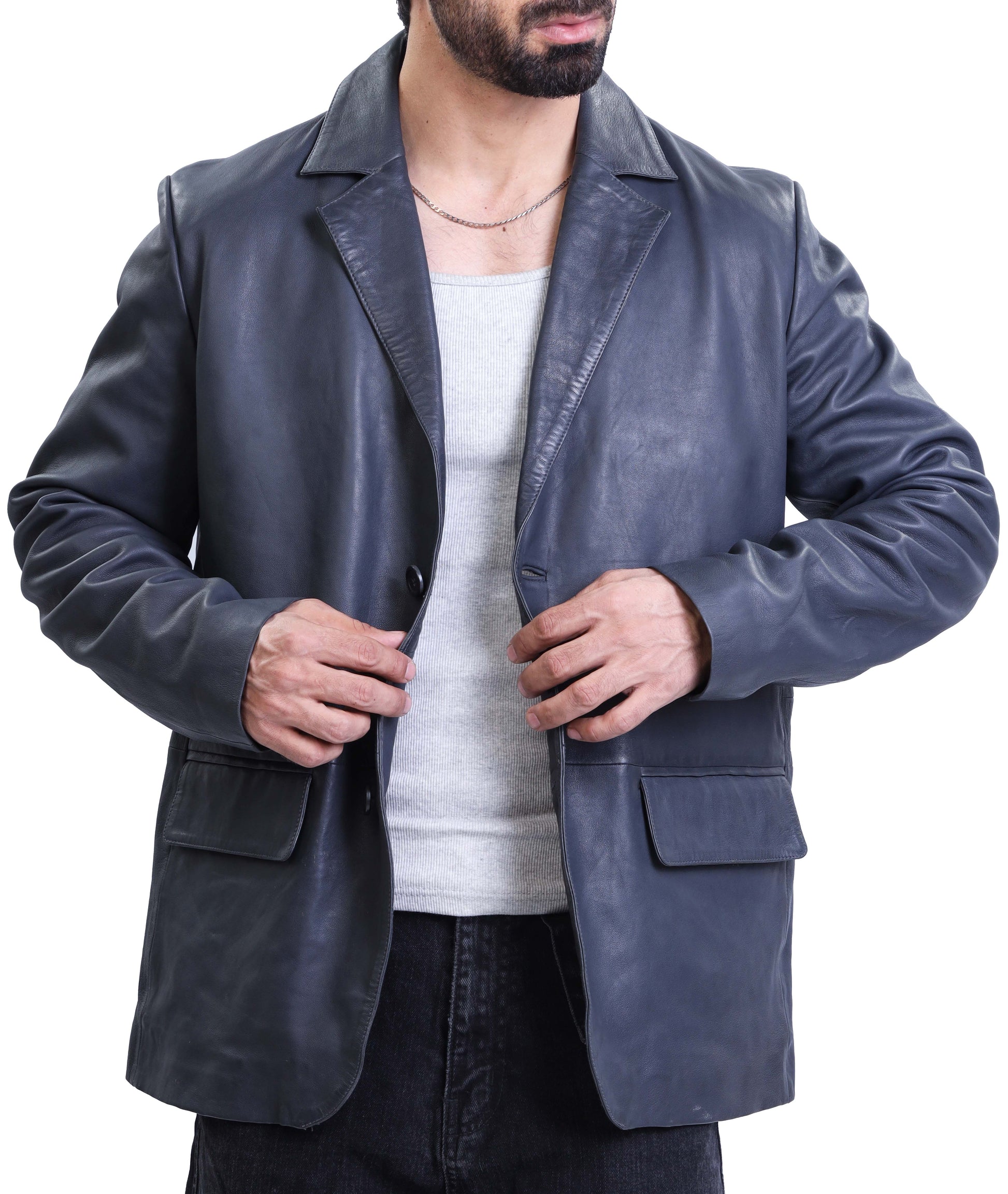 Notched Collar Classic Bond’s Style Ultimate Leather Blazer (Blue)