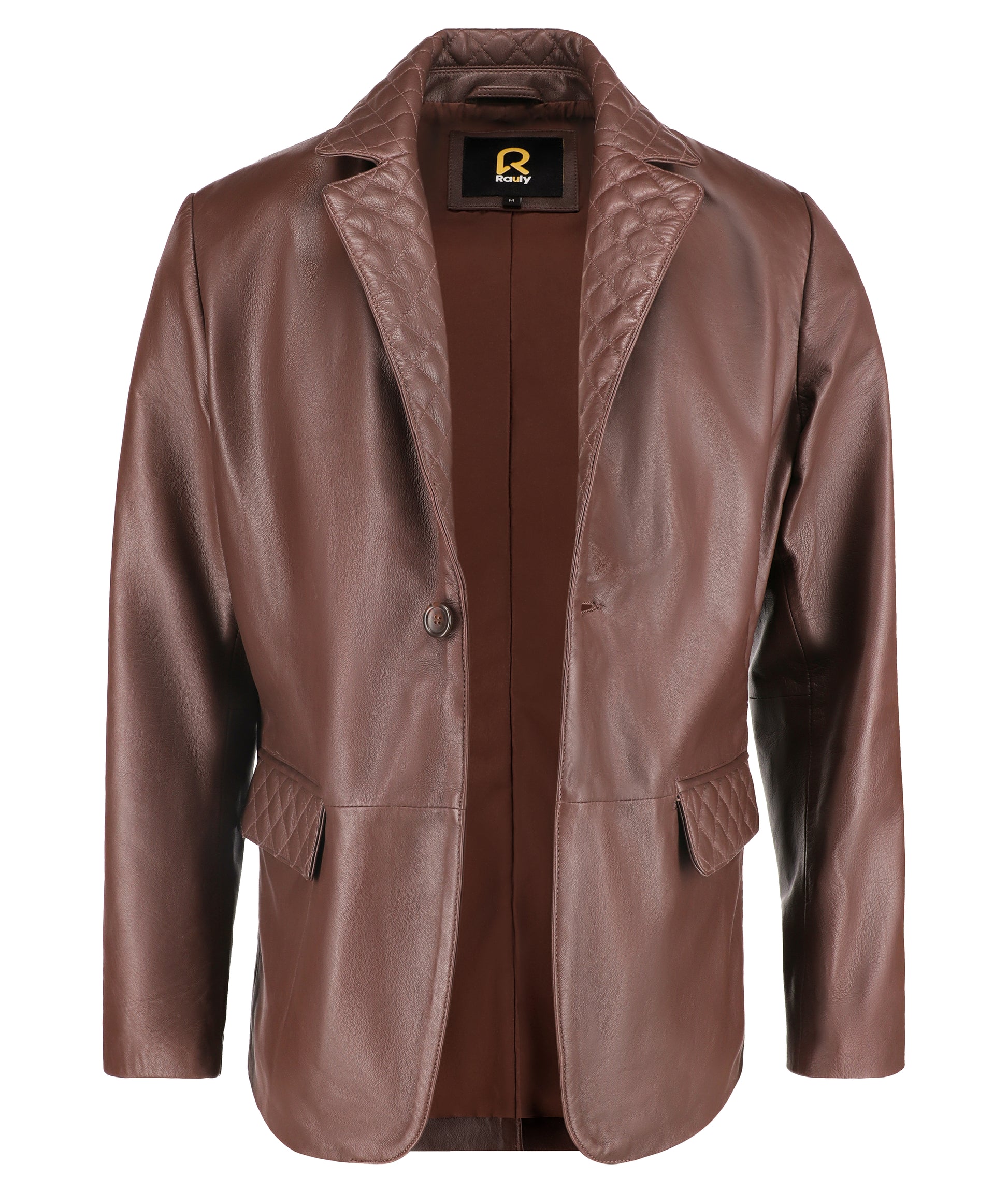Notched Collar Lambskin Leather Blazer Men (Brown)