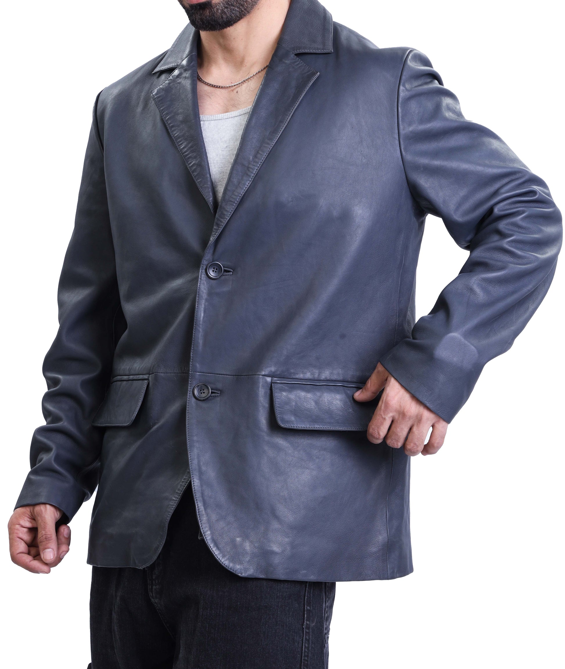 Notched Collar Classic Bond’s Style Ultimate Leather Blazer (Blue)