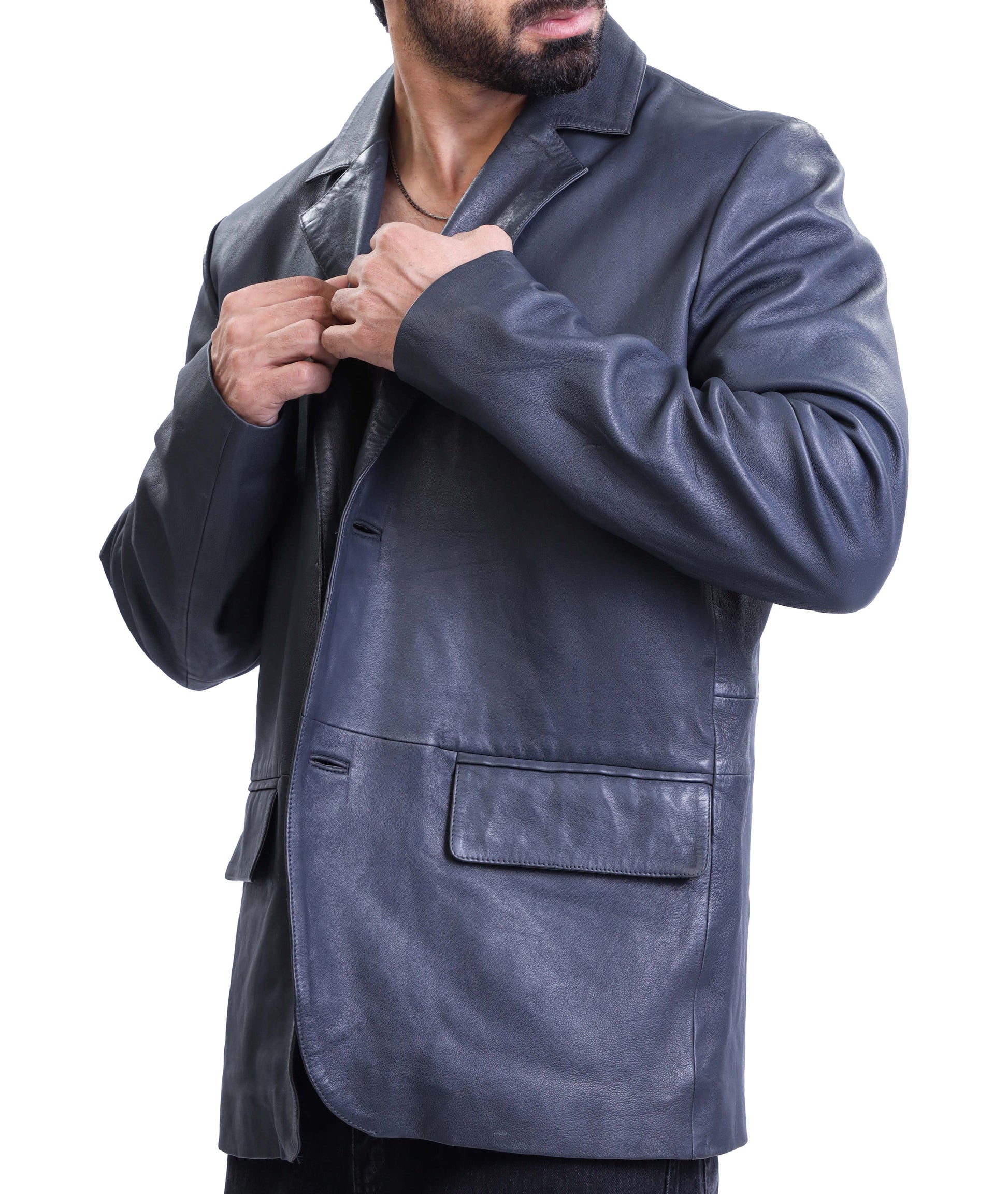 Notched Collar Classic Bond’s Style Ultimate Leather Blazer (Blue)