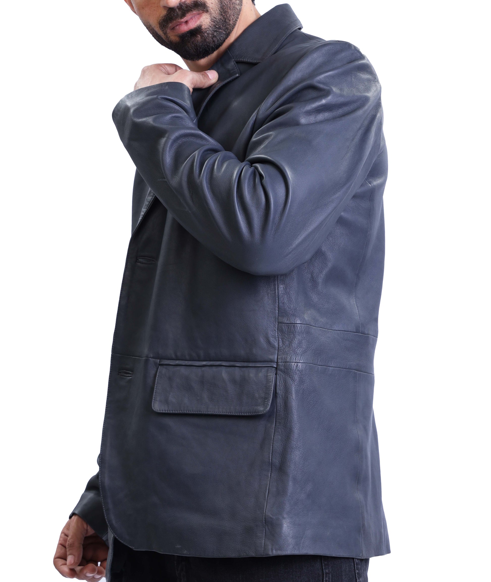 Notched Collar Classic Bond’s Style Ultimate Leather Blazer (Blue)