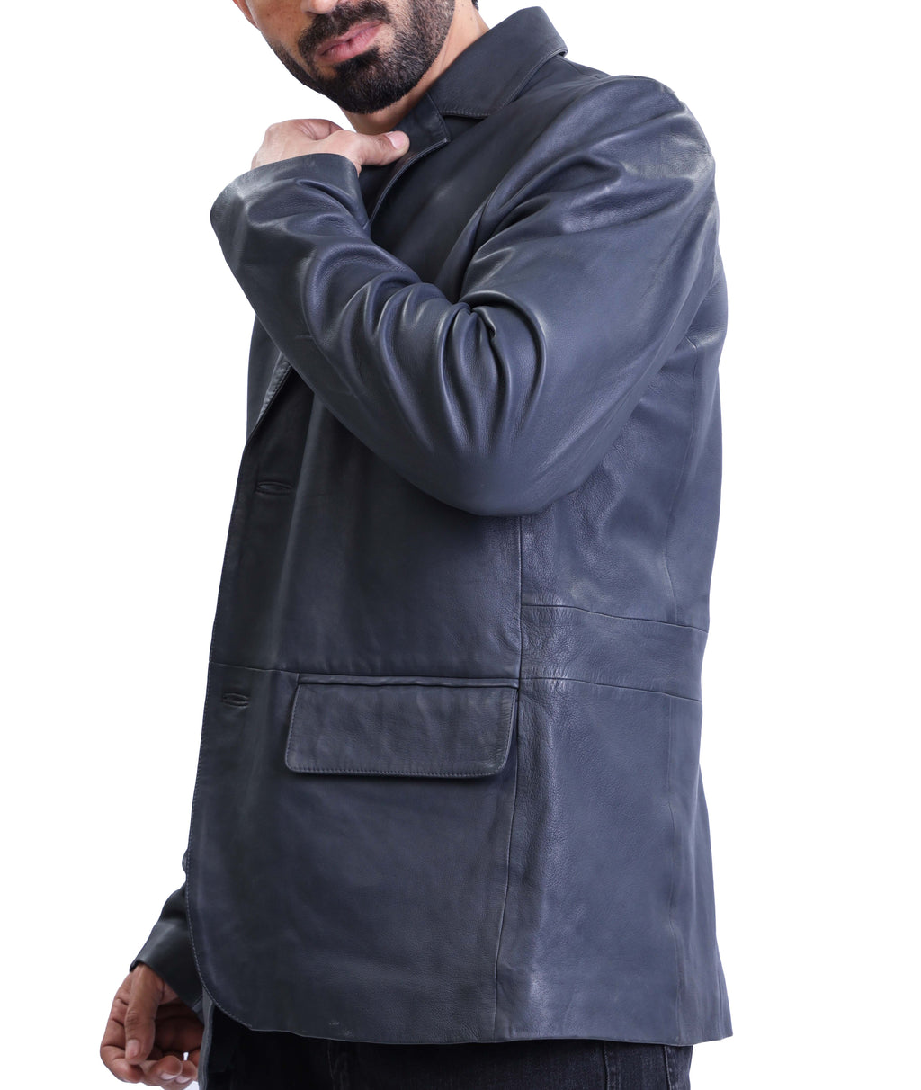 Notched Collar Classic Bond’s Style Ultimate Leather Blazer (Blue)