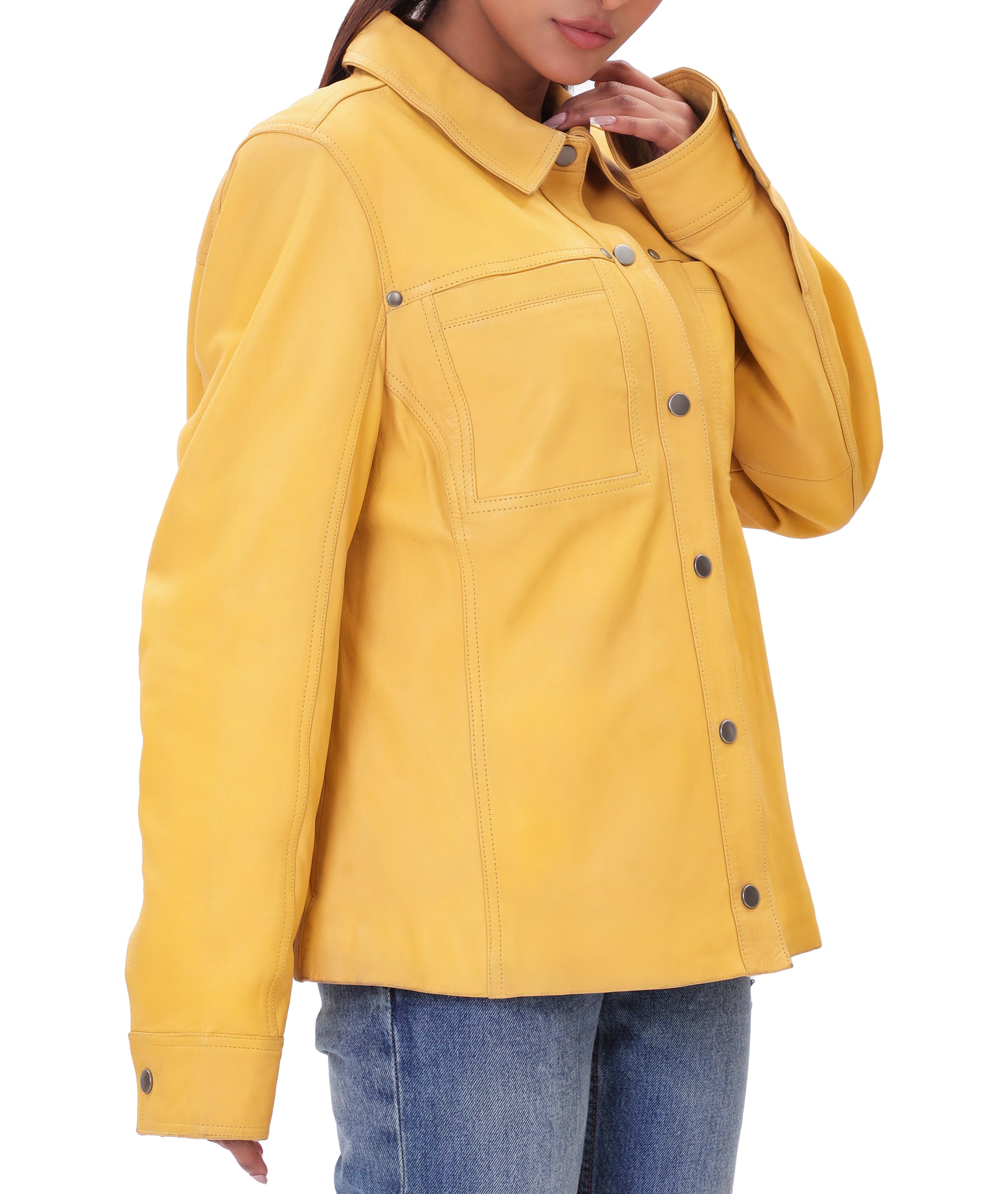 Button Front Lambskin Leather Blazer (Yellow)