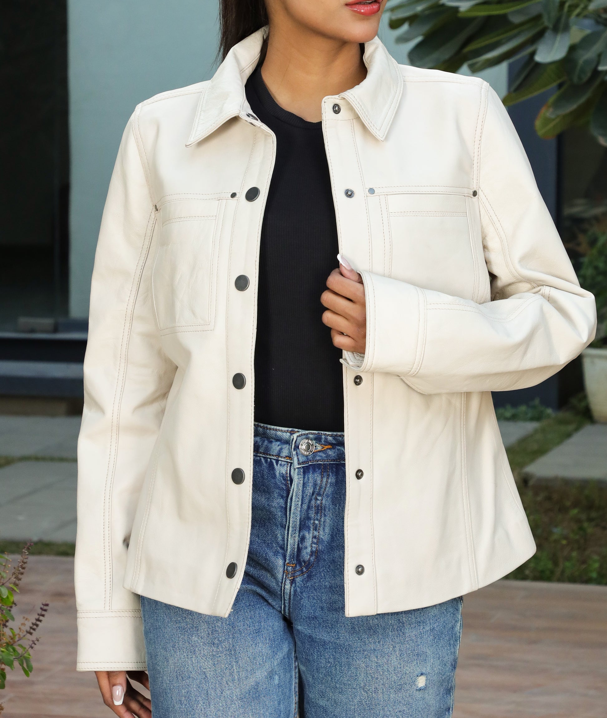 Button Front Lambskin Leather Blazer (Ash White)