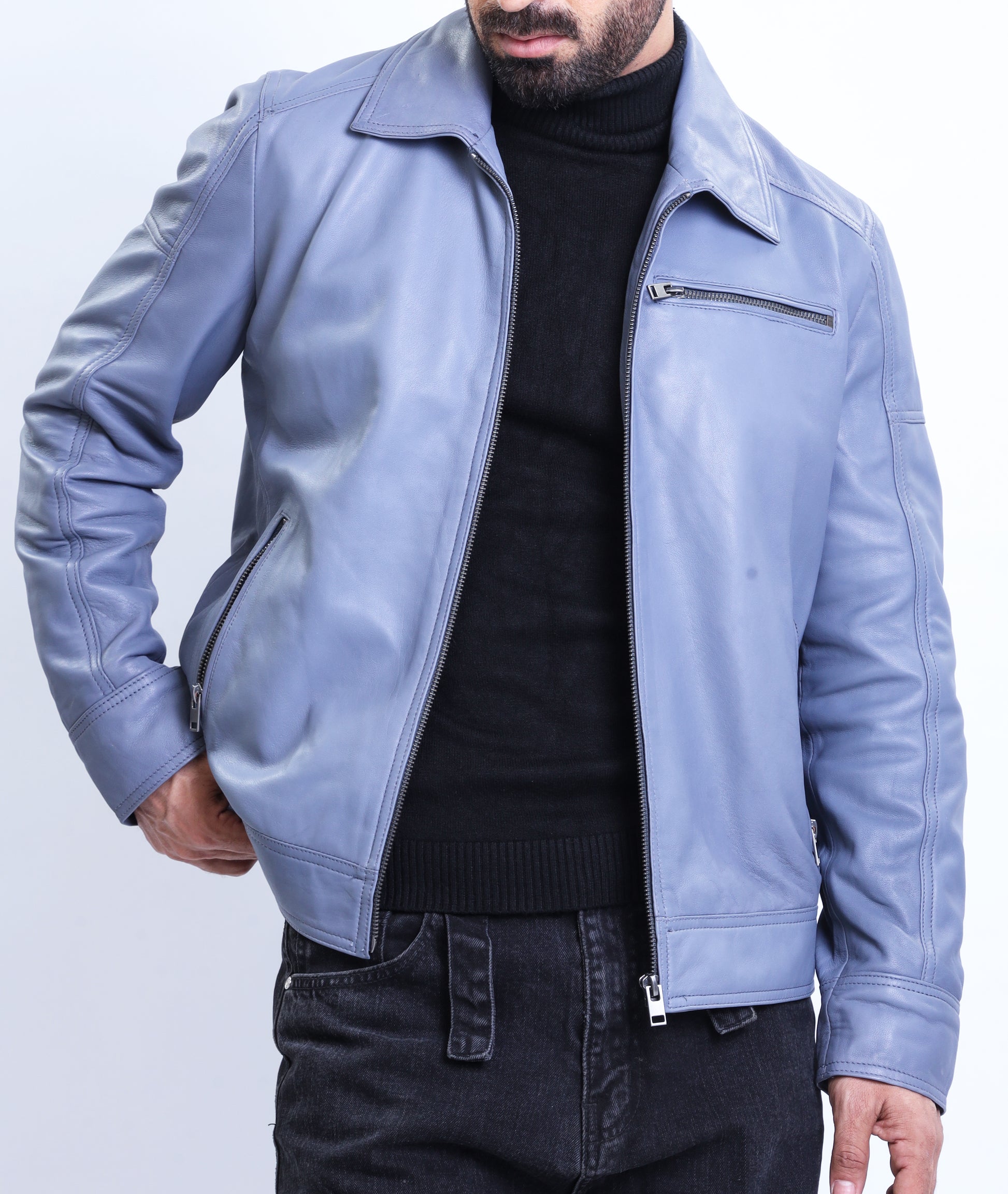 Polo Collar Premium Leather Jacket (Blue)