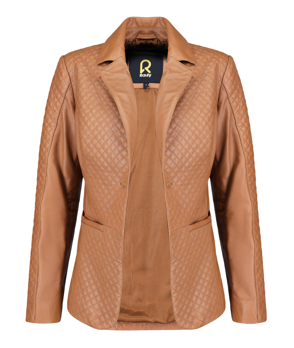 Quilted Front Lambskin Leather Blazer (Cognac)