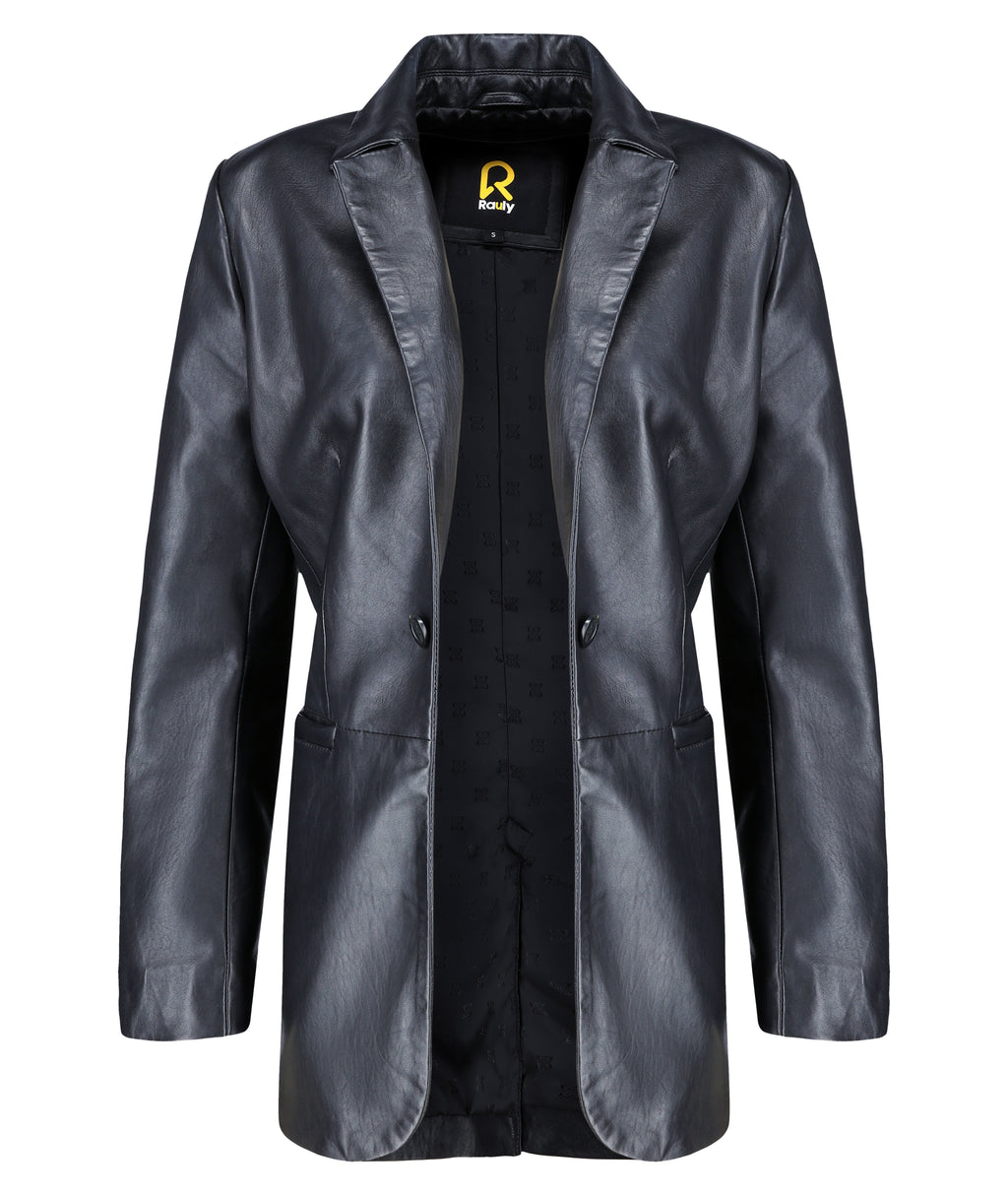 Classic 2-Button Lambskin Leather Blazer (Black)