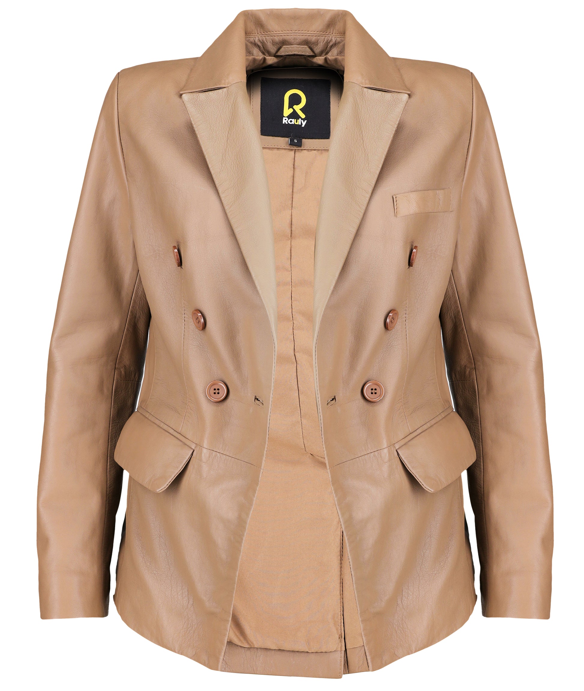 Double Breasted Fancy Buttons Lambskin Leather Blazer (Tan)