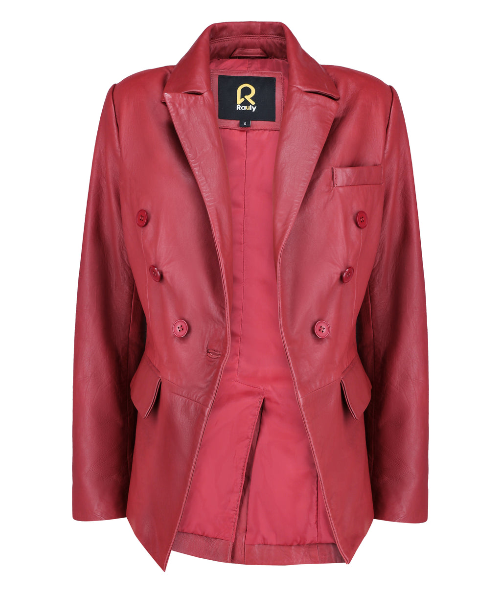 Double Breasted Fancy Buttons Lambskin Leather Blazer (Red)