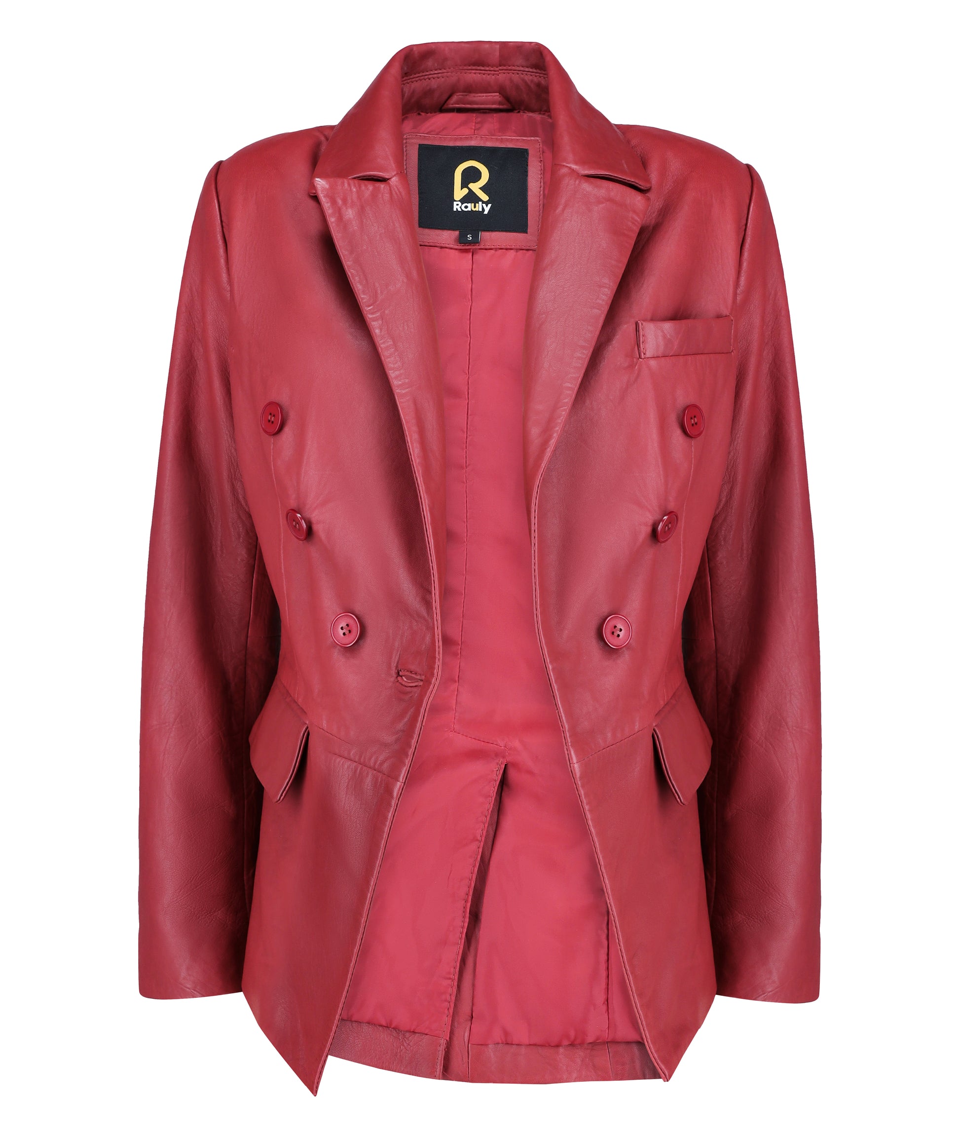 Double Breasted Fancy Buttons Lambskin Leather Blazer (Red)