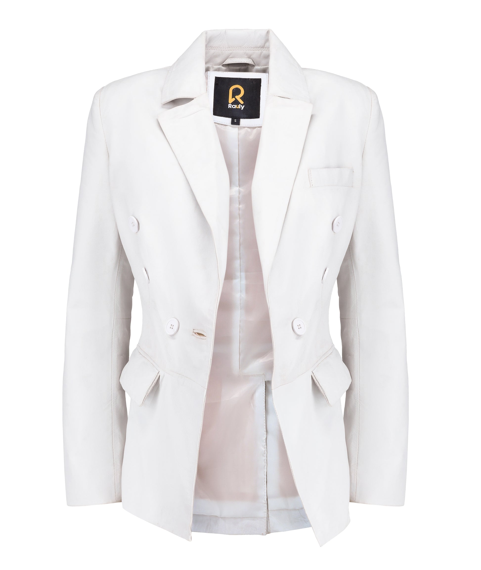 Double Breasted Fancy Buttons Lambskin Leather Blazer (White)