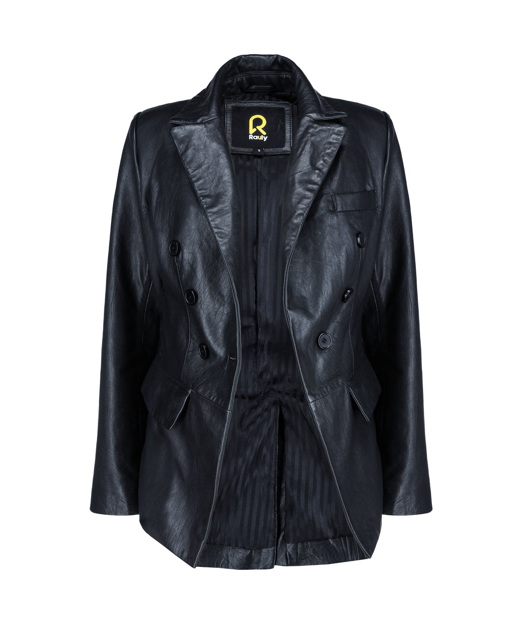 Double Breasted Fancy Buttons Lambskin Leather Blazer (Black)
