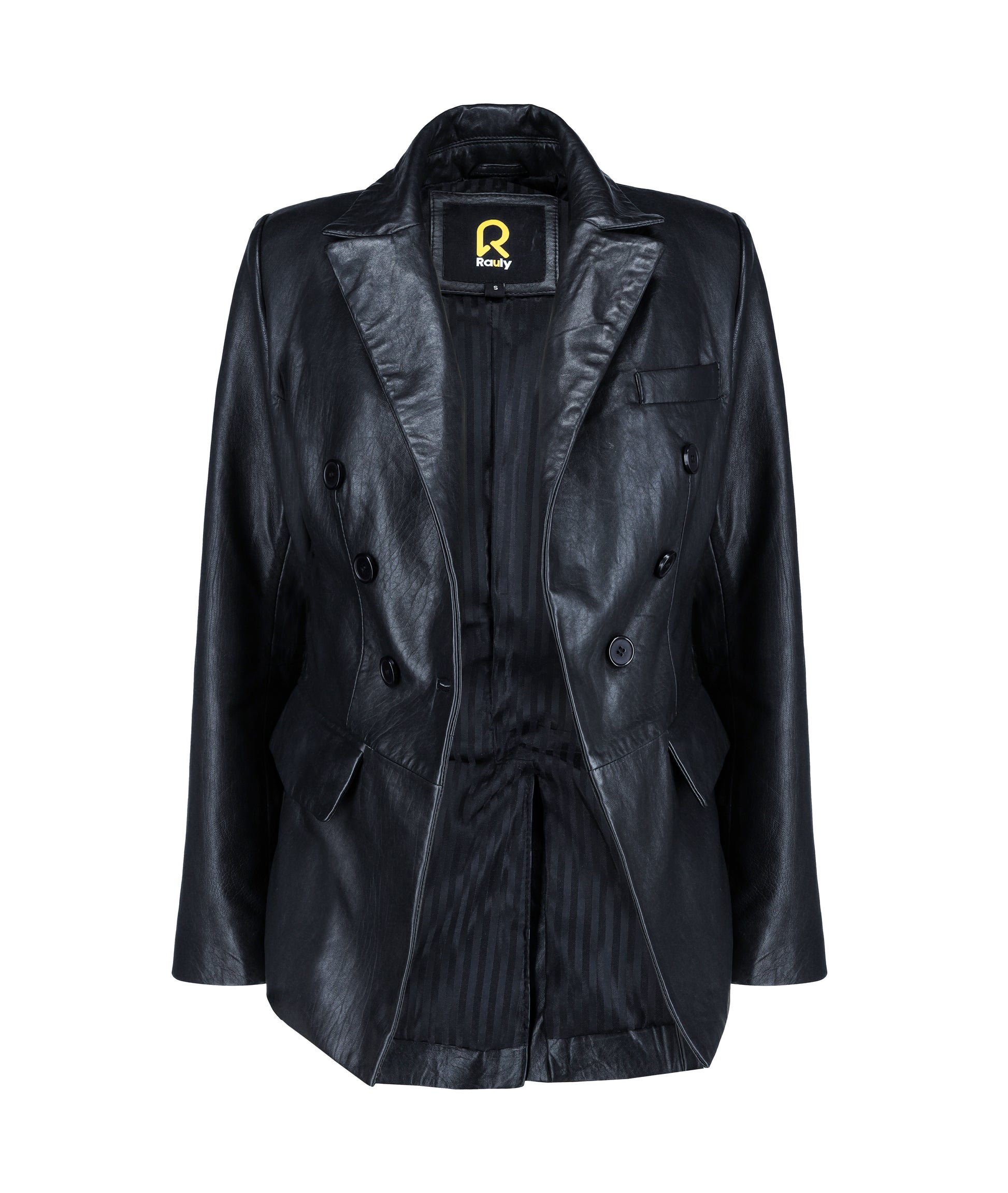 Double Breasted Fancy Buttons Lambskin Leather Blazer (Black)