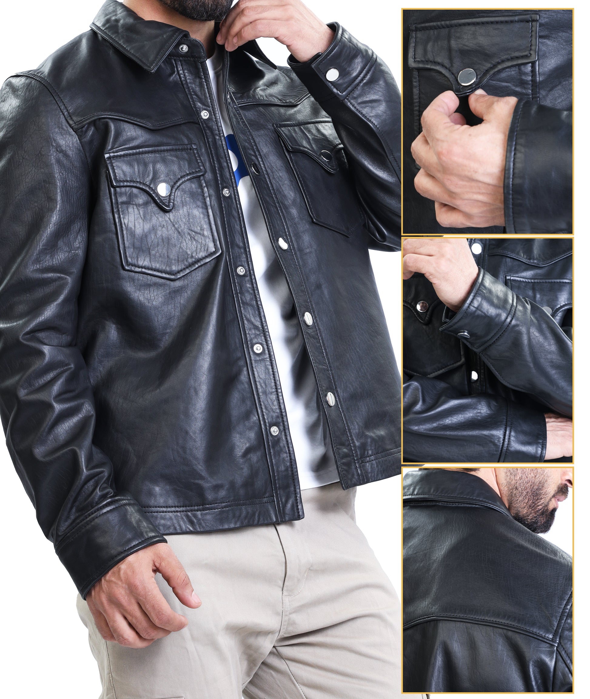 Leather Shirt - Lambskin Leather Blazer Men (Black)