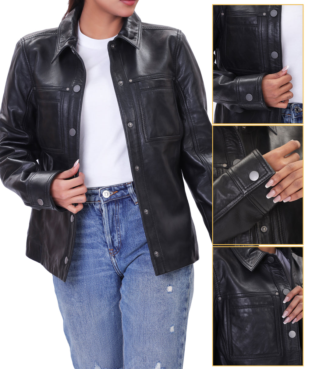Button Front Lambskin Leather Blazer (Black)