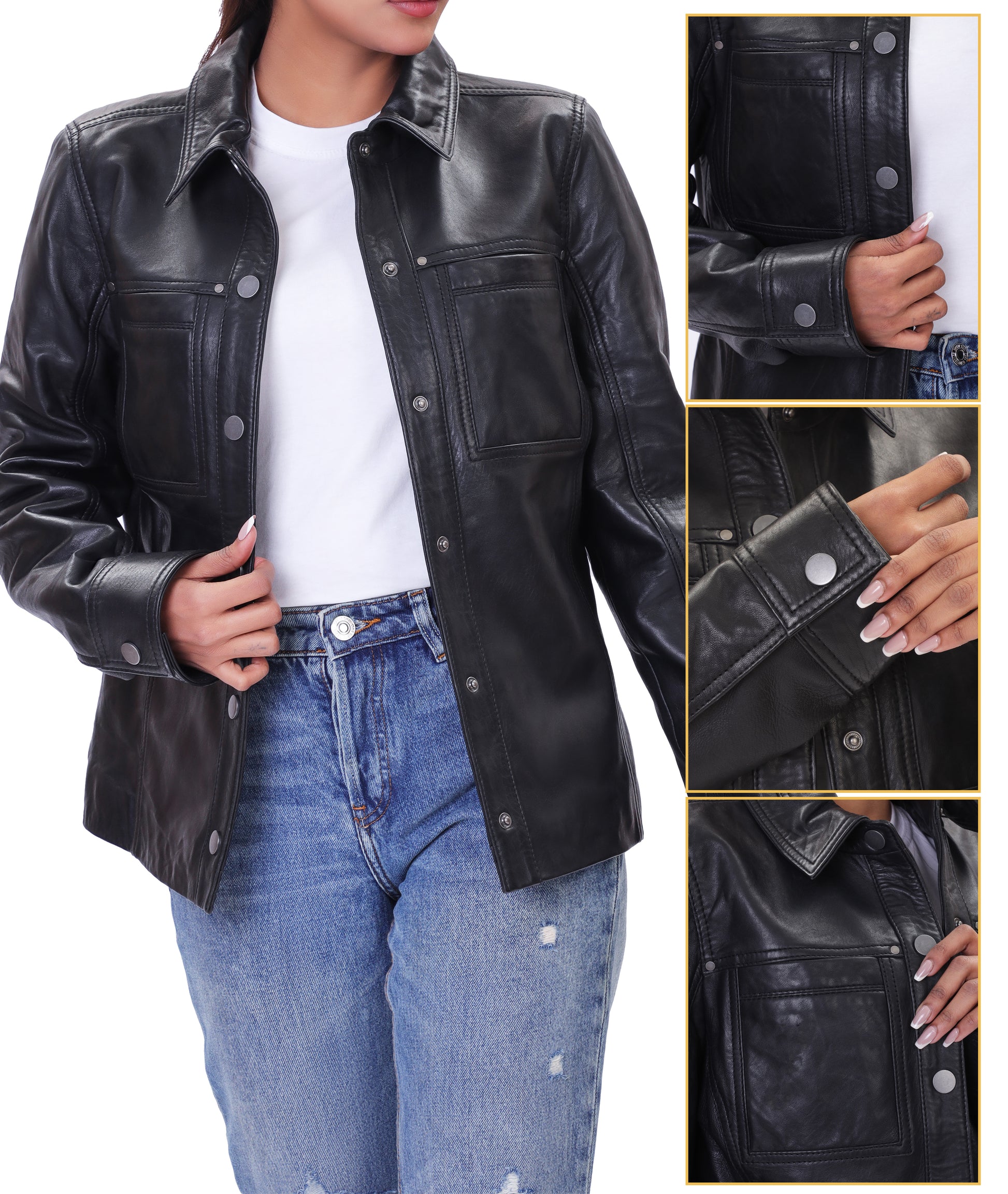 Button Front Lambskin Leather Blazer (Black)