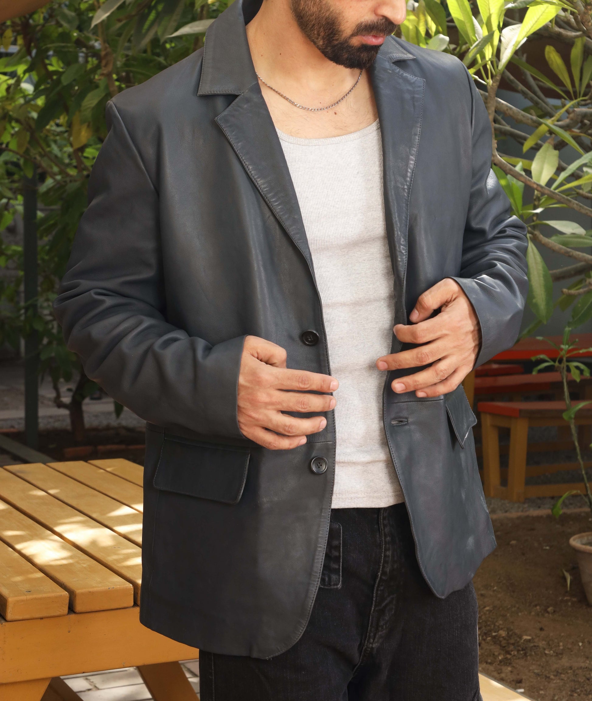 Notched Collar Classic Bond’s Style Ultimate Leather Blazer (Blue)