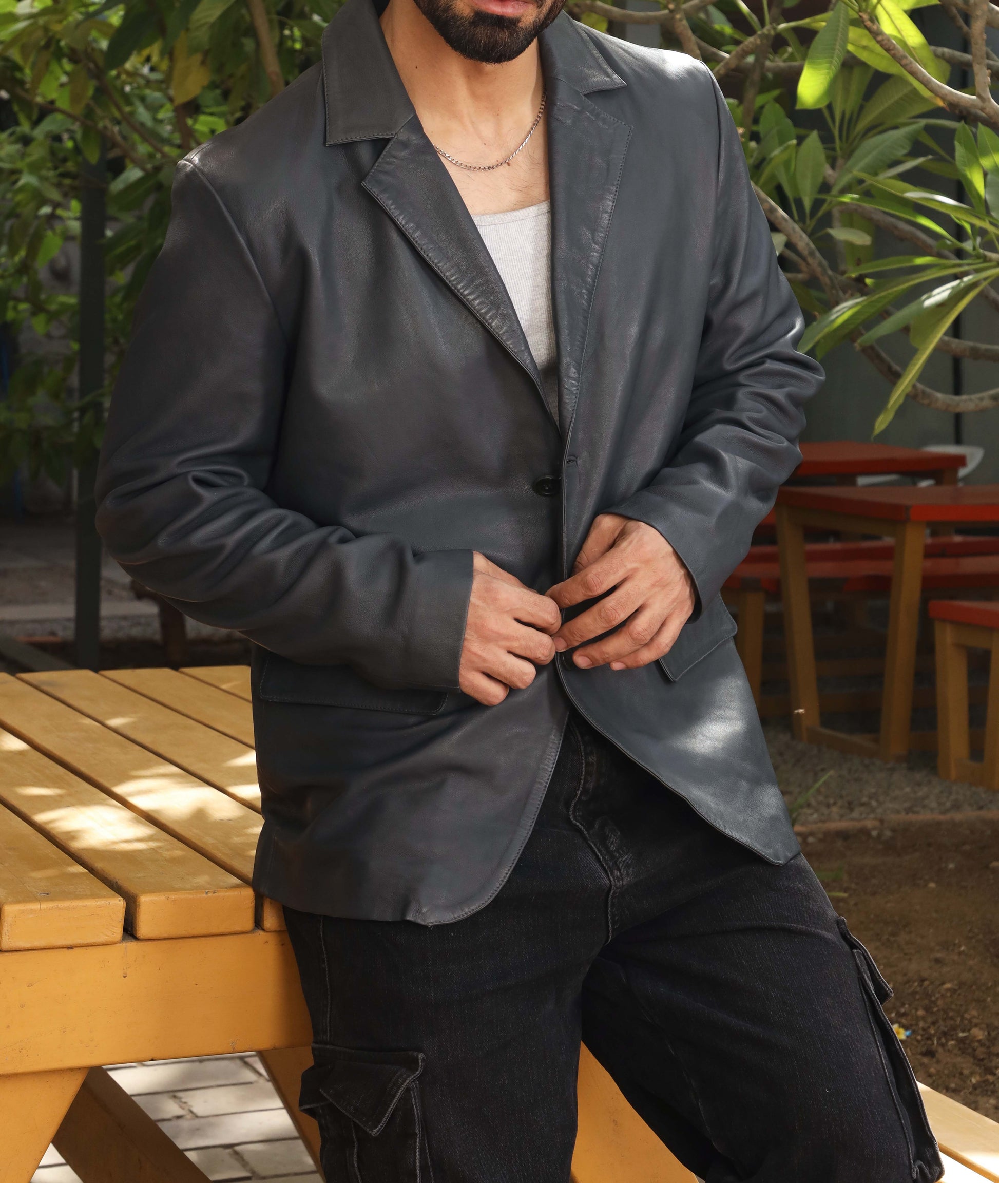 Notched Collar Classic Bond’s Style Ultimate Leather Blazer (Blue)