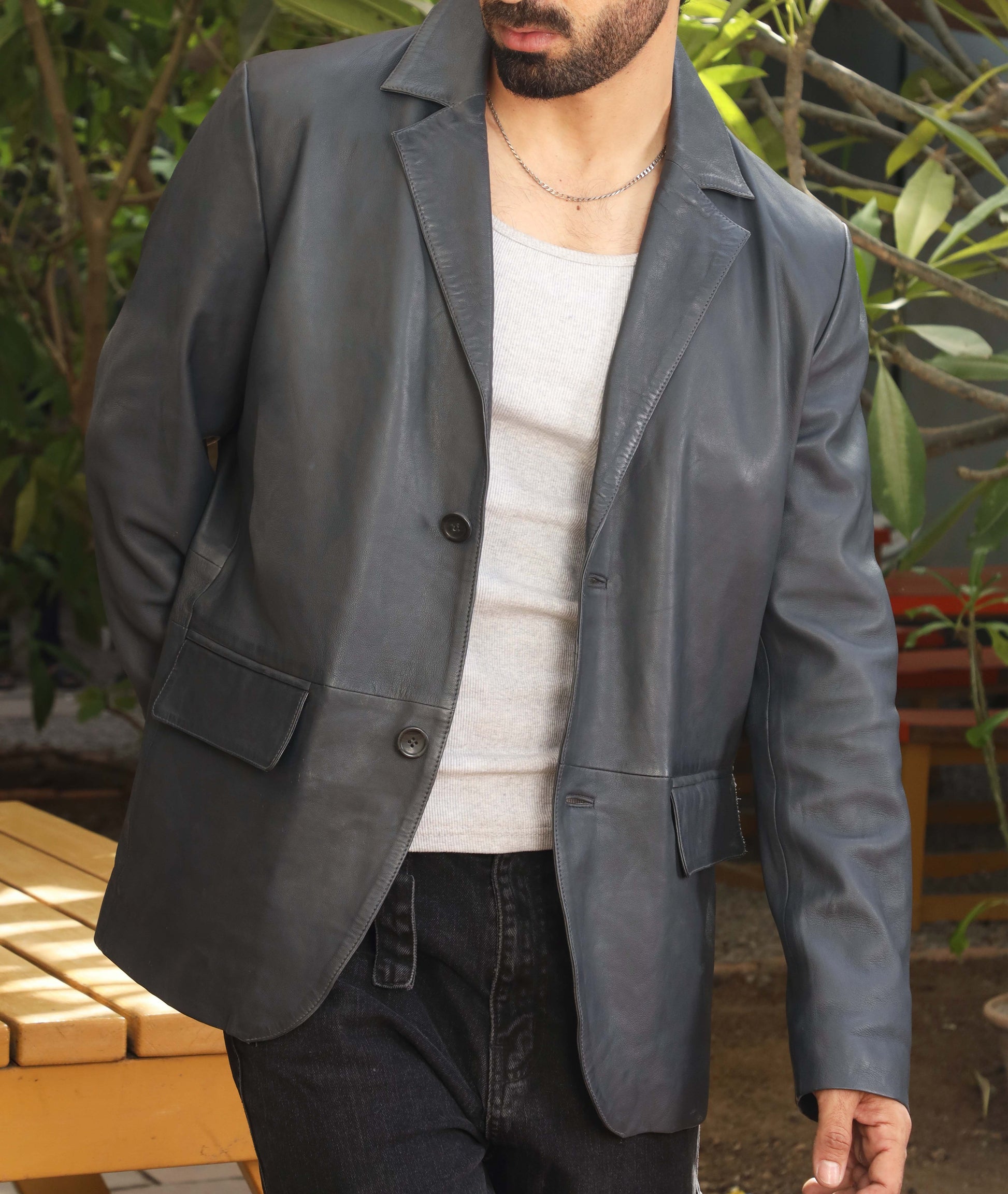 Notched Collar Classic Bond’s Style Ultimate Leather Blazer (Blue)