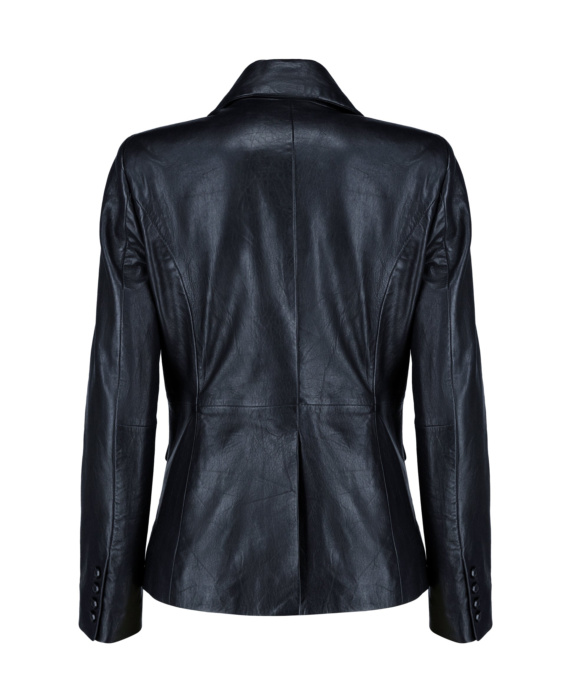 Double Breasted Fancy Buttons Lambskin Leather Blazer (Black)