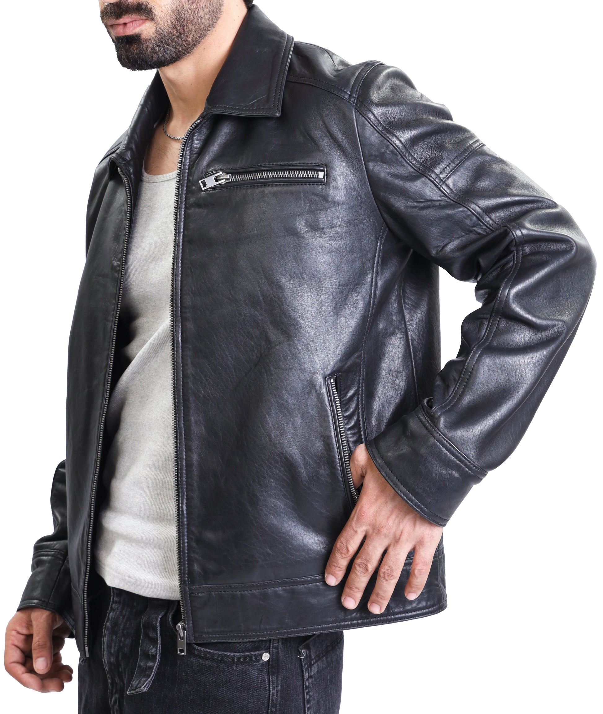 Polo Collar Premium Leather Jacket (Black)