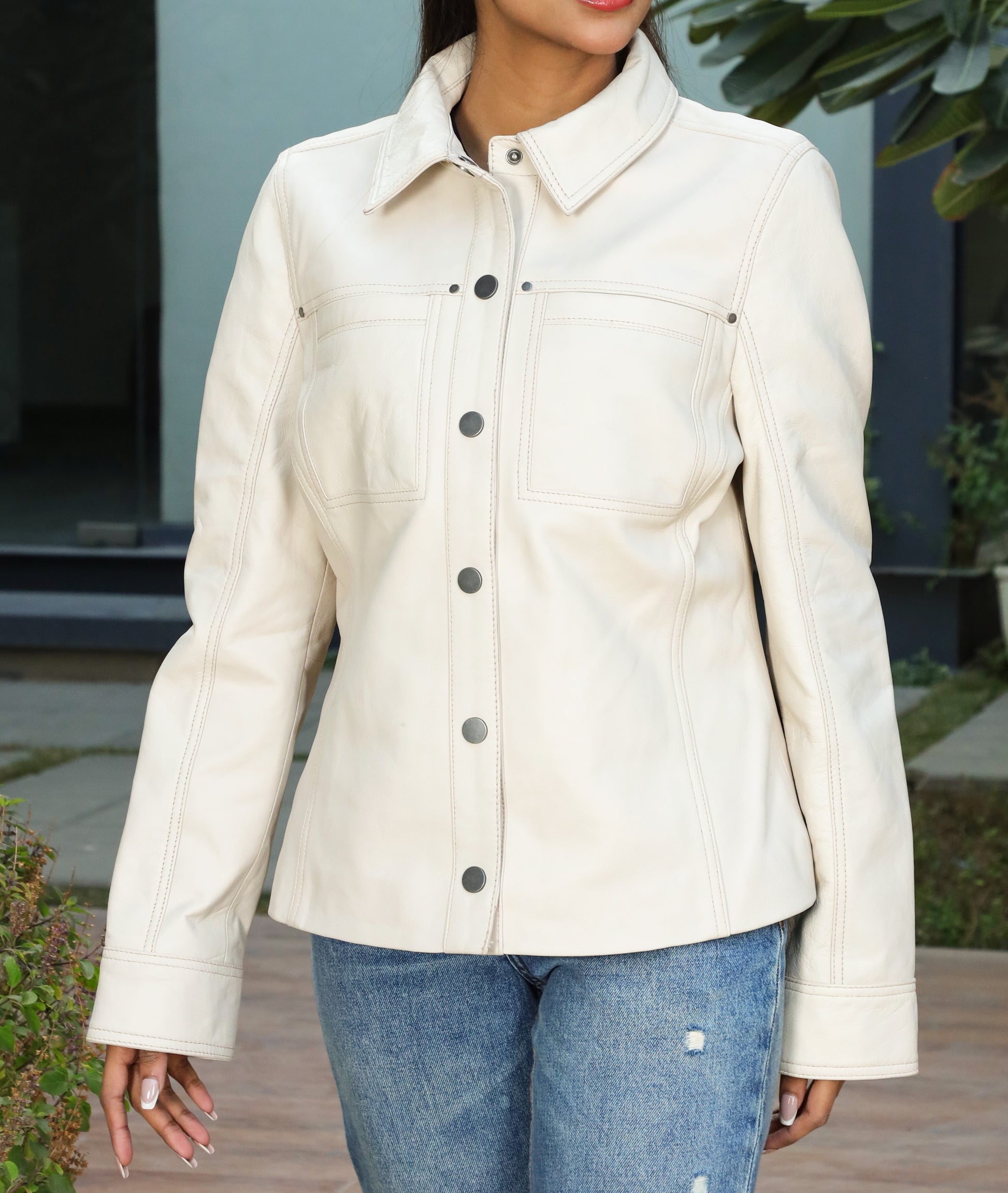Button Front Lambskin Leather Blazer (Ash White)
