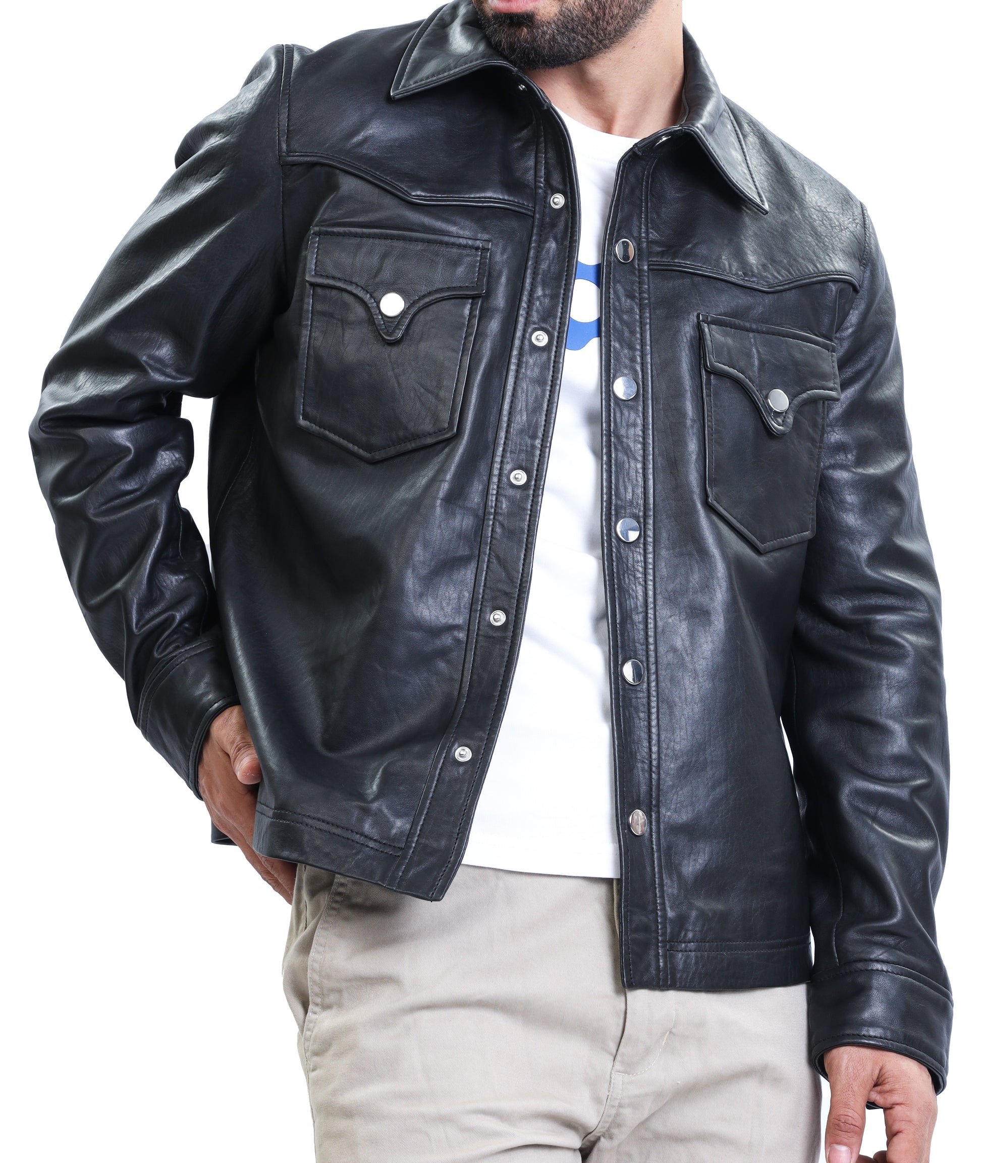 Leather Shirt - Lambskin Leather Blazer Men (Black)
