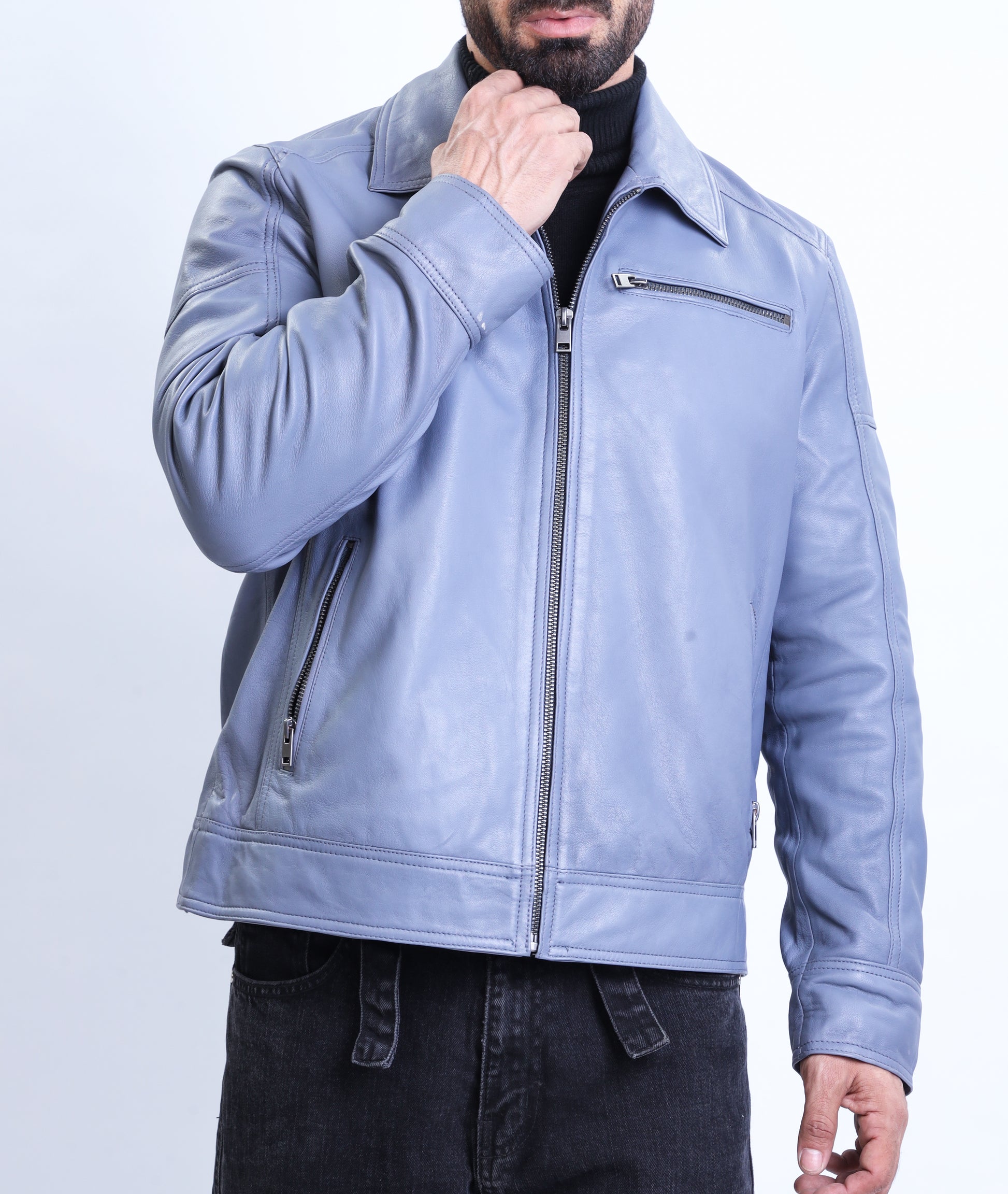 Polo Collar Premium Leather Jacket (Blue)