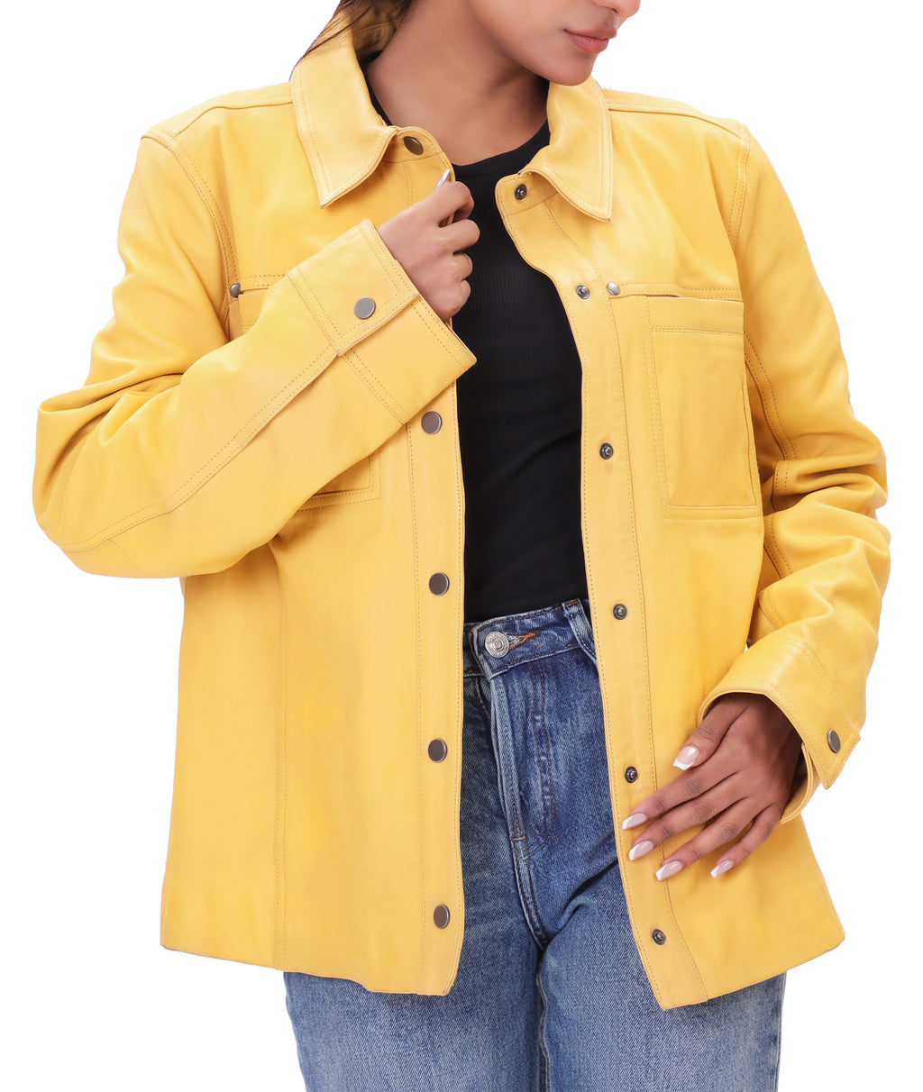 Button Front Lambskin Leather Blazer (Yellow)