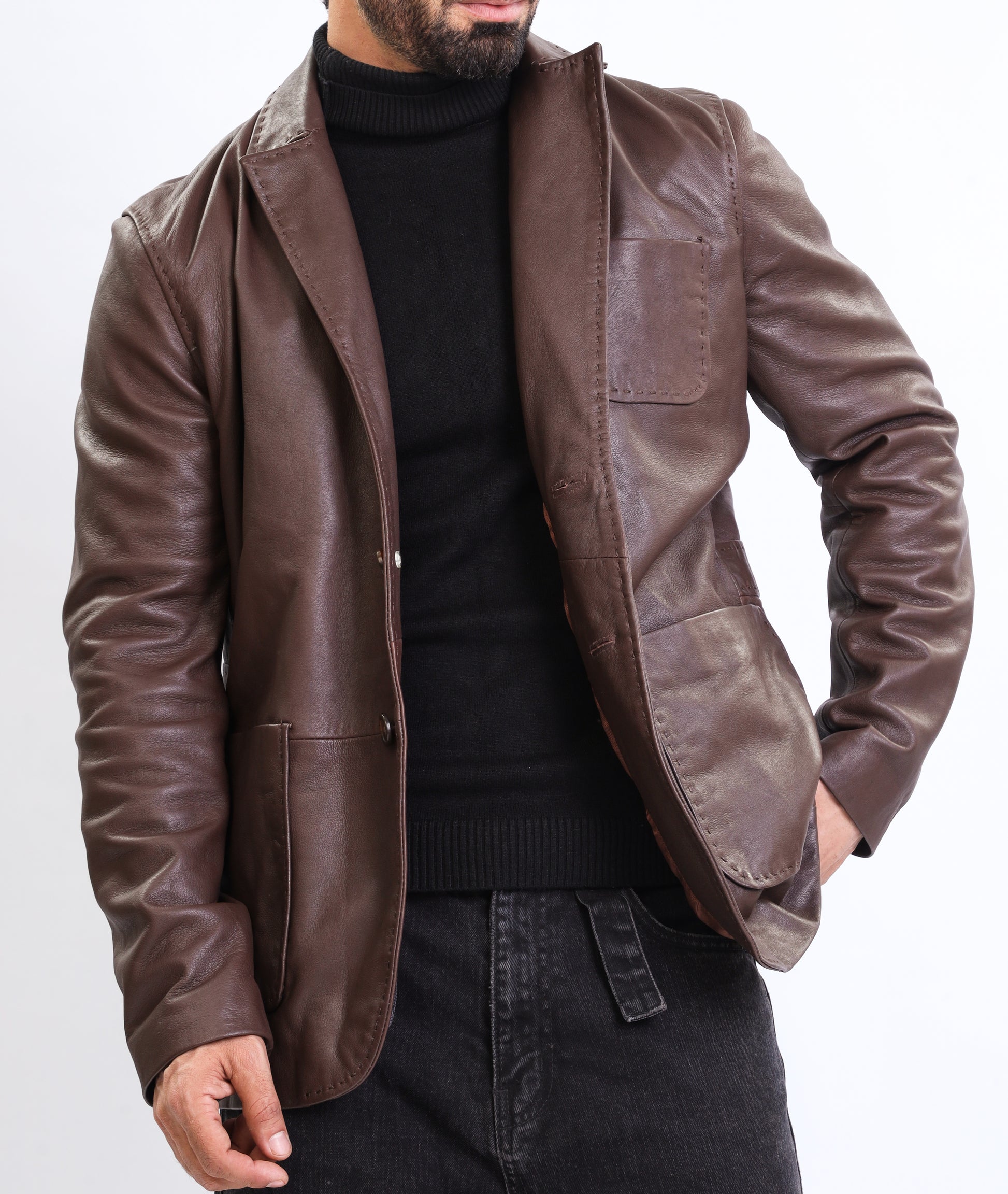 Lambskin Leather Blazer Men Casual Coat (Brown)