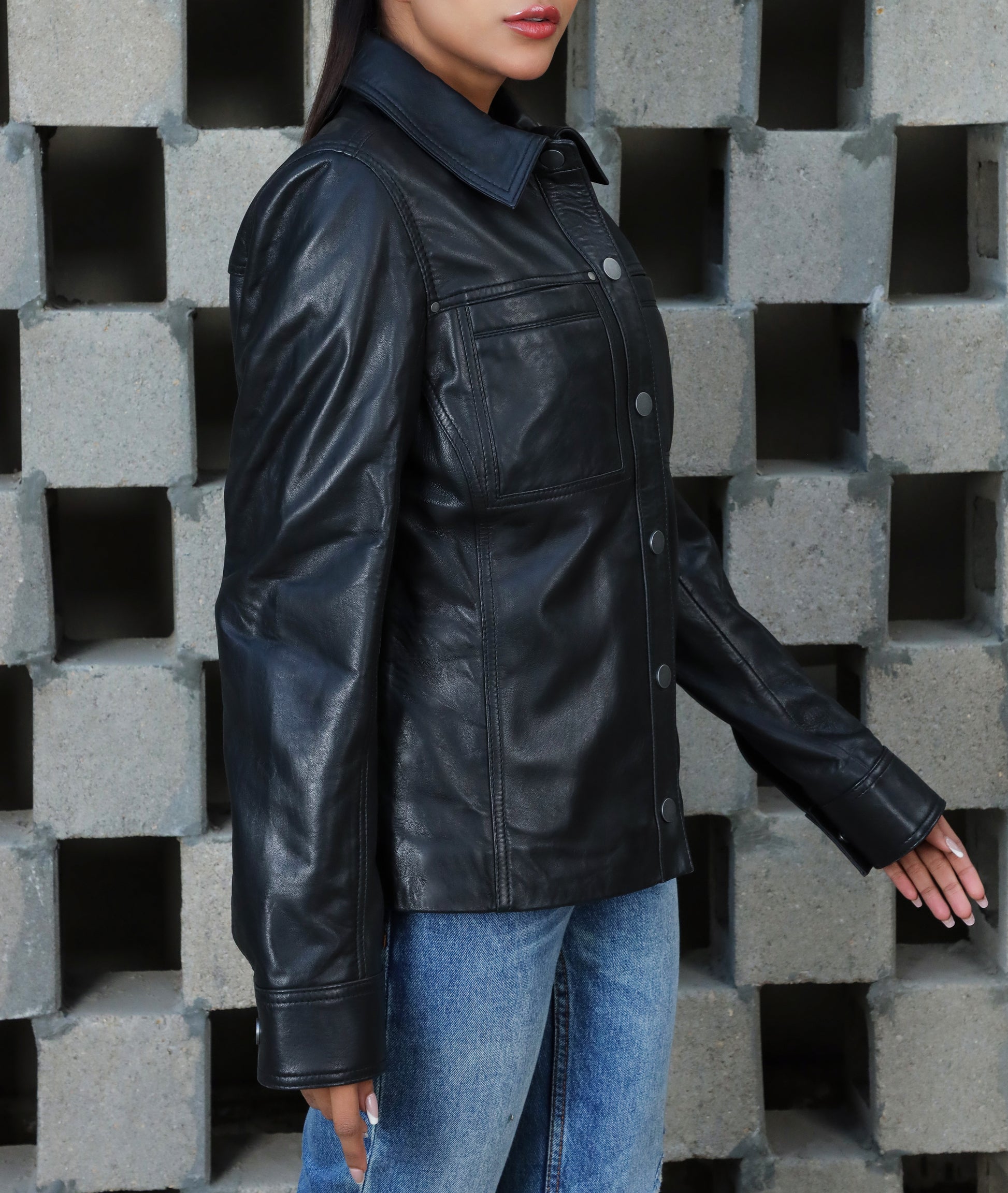 Button Front Lambskin Leather Blazer (Black)