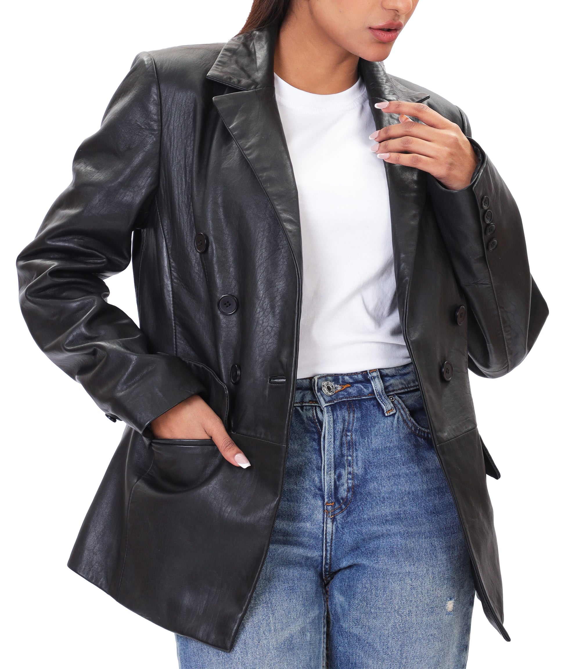 Double Breasted Fancy Buttons Lambskin Leather Blazer (Black)