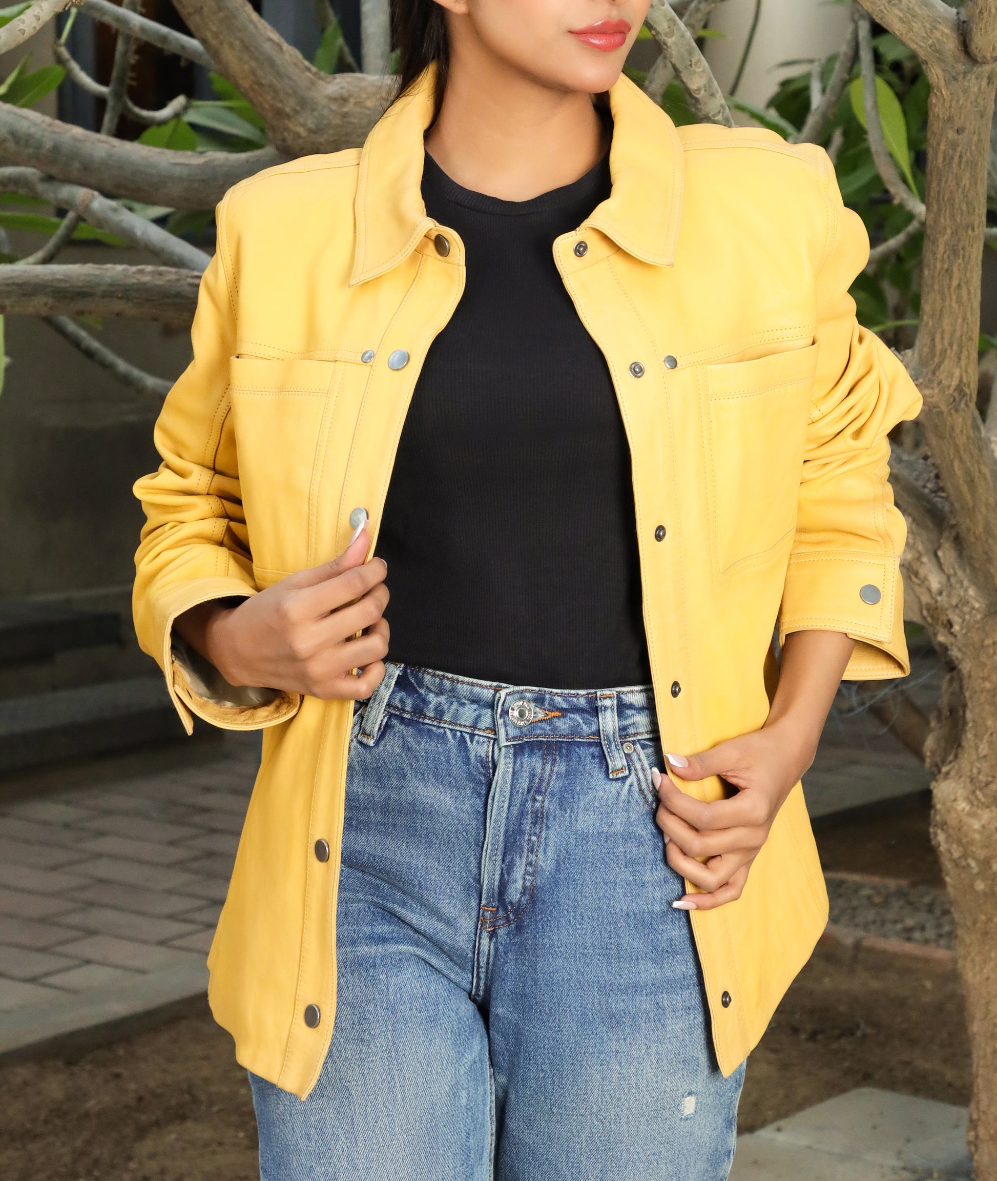 Button Front Lambskin Leather Blazer (Yellow)