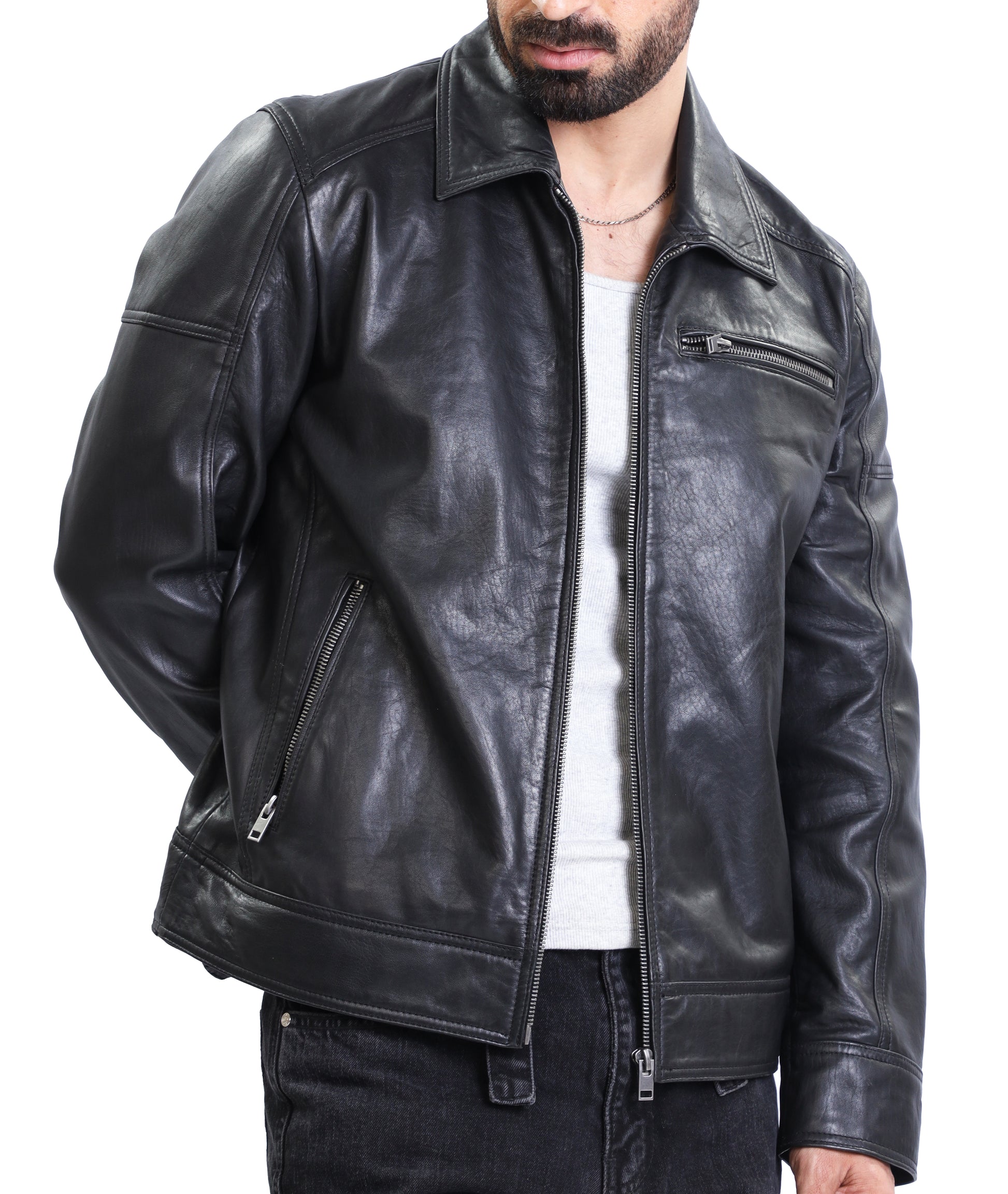 Polo Collar Premium Leather Jacket (Black)