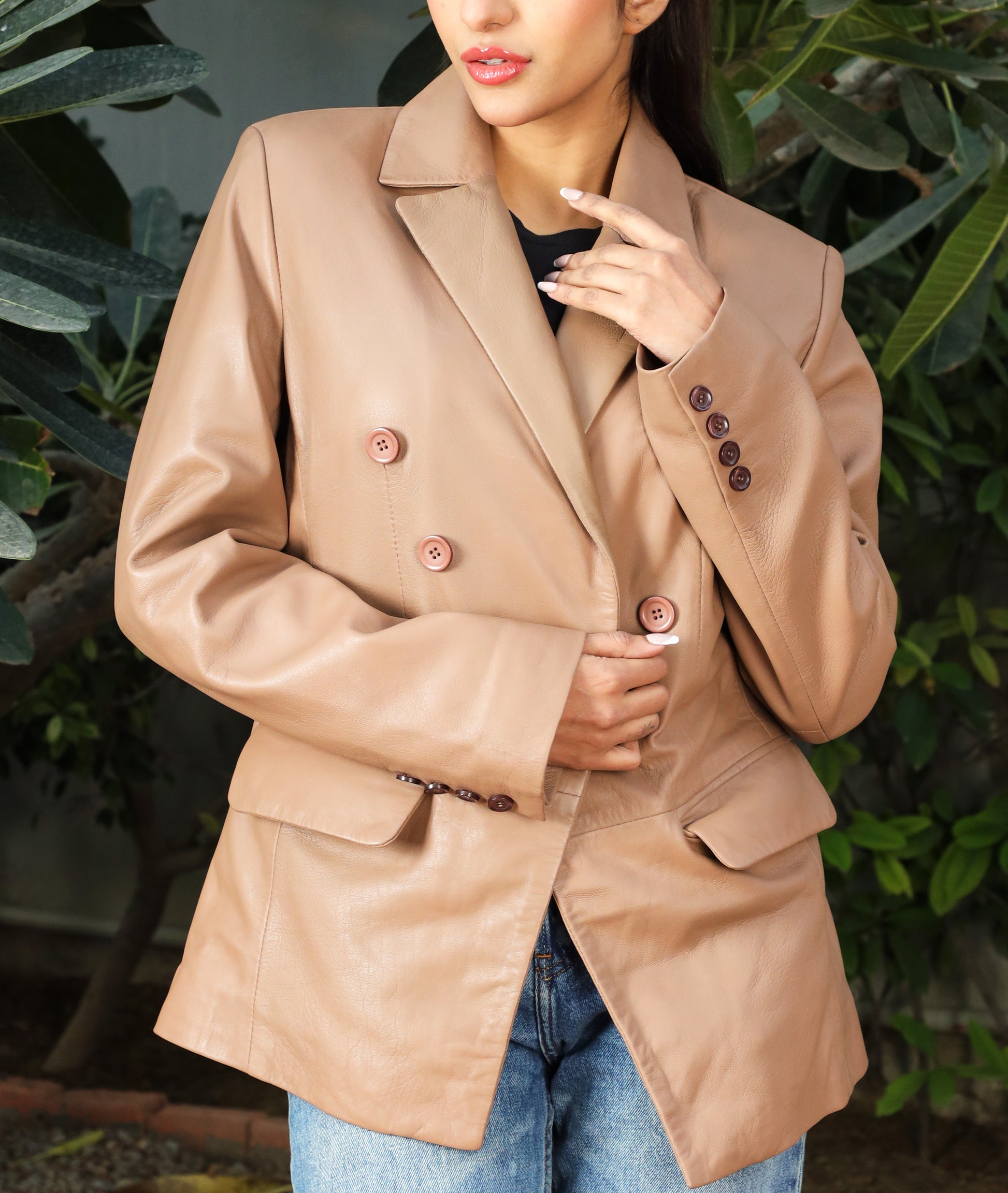Double Breasted Fancy Buttons Lambskin Leather Blazer (Tan)