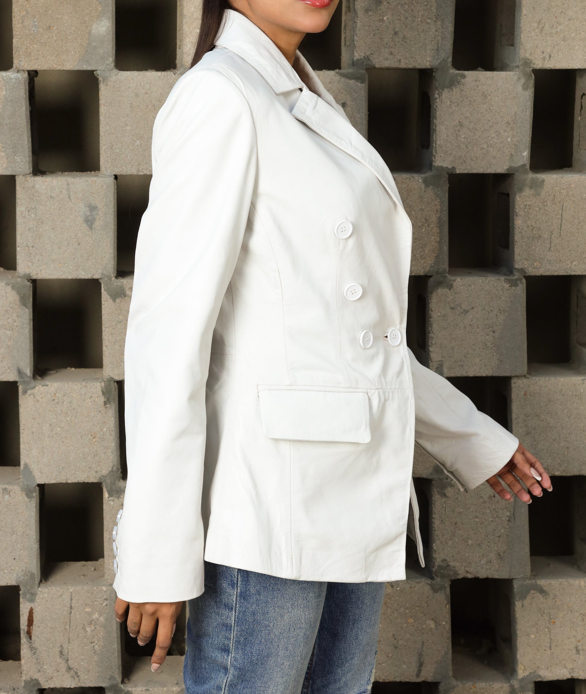 Double Breasted Fancy Buttons Lambskin Leather Blazer (White)