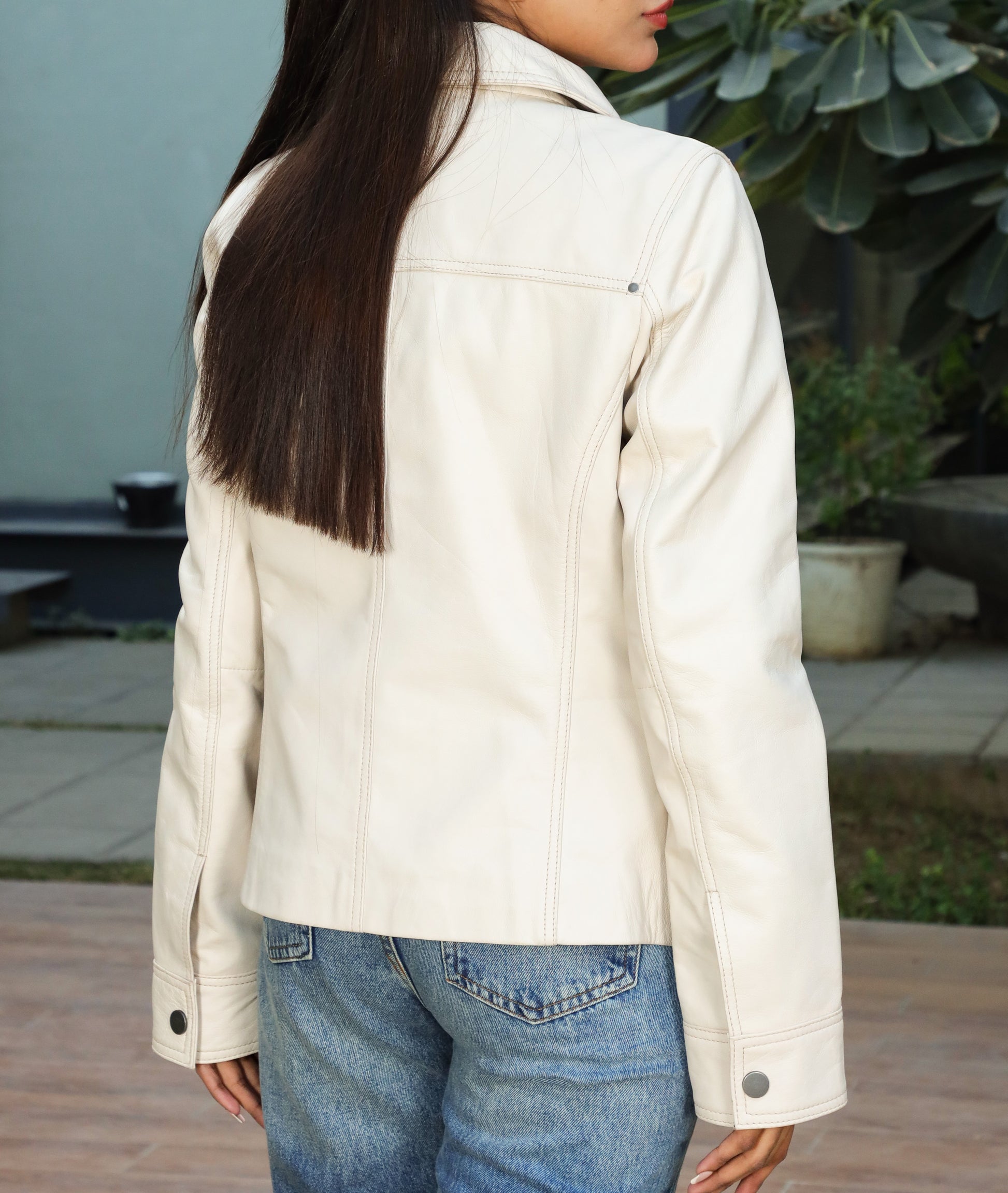 Button Front Lambskin Leather Blazer (Ash White)