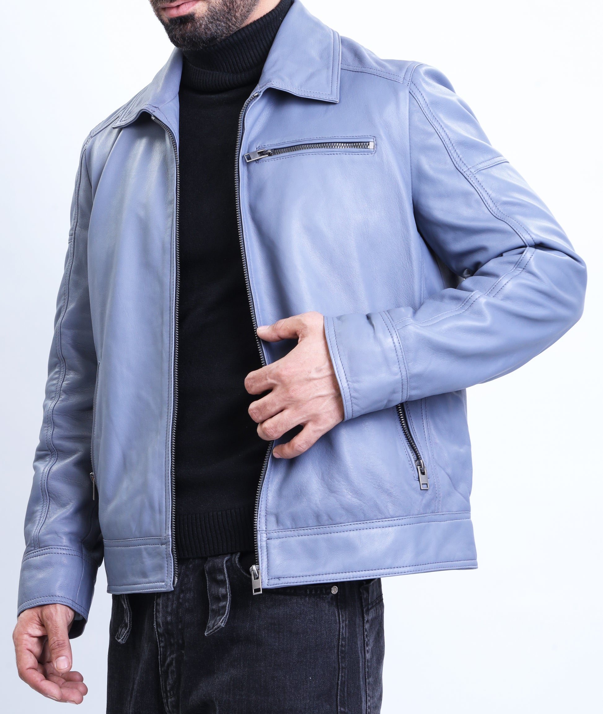 Polo Collar Premium Leather Jacket (Blue)