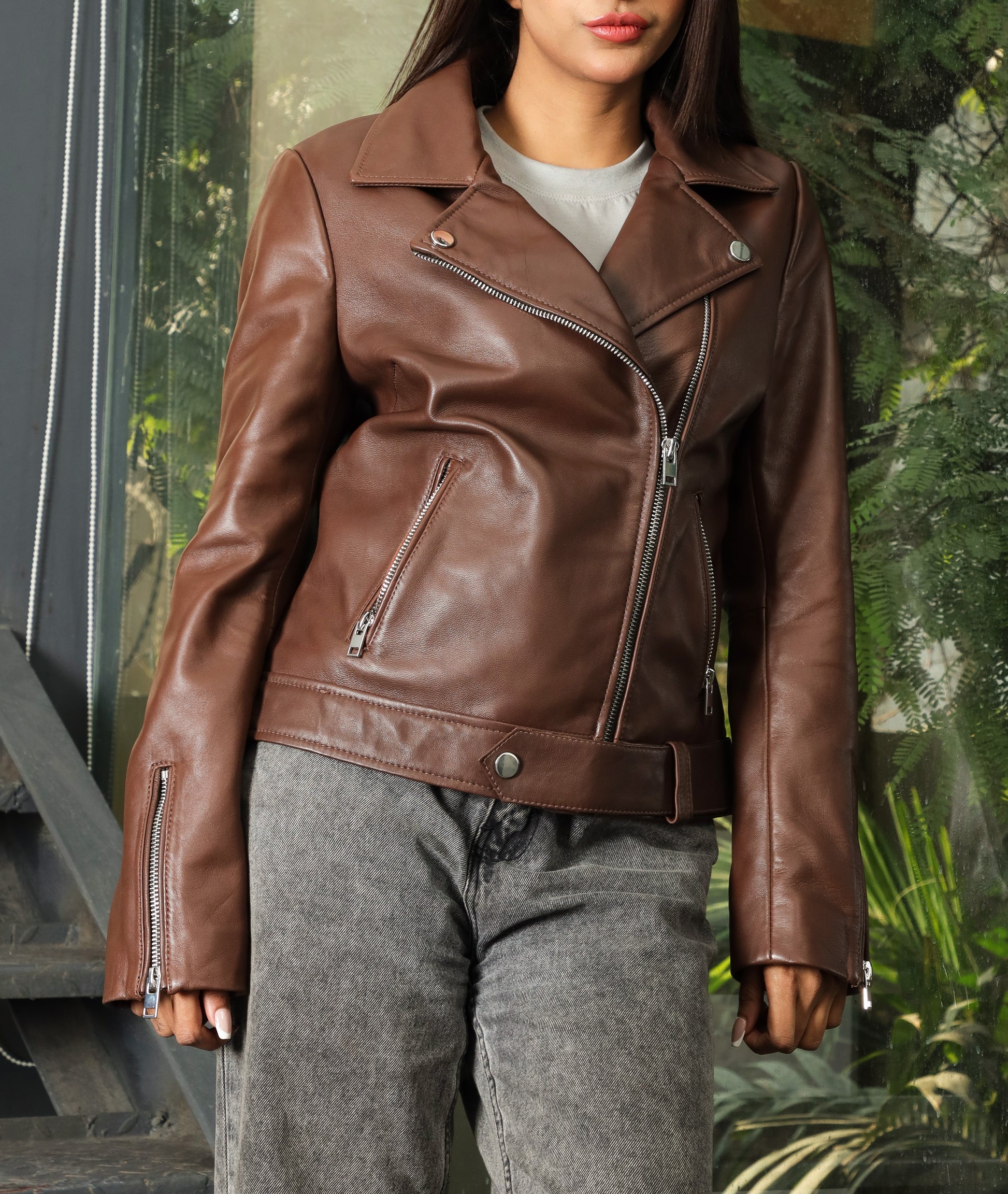 Biker Style Vintage Leather Jacket Women | Zipper (Brown)